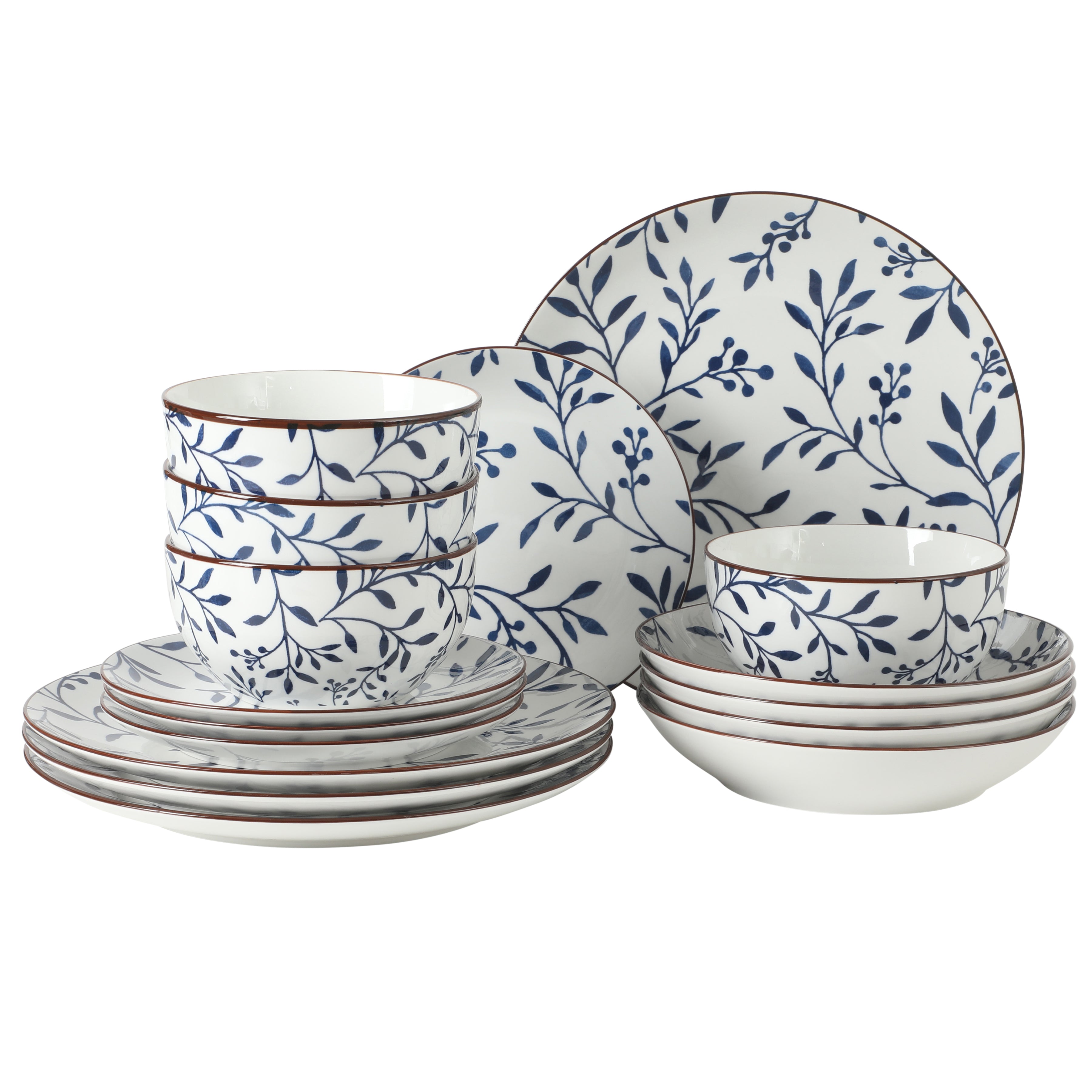 Gibson Home Palace Suite 16-Piece Dinnerware Set, Blue Floral Stoneware Plates & Bowls, Service for 4, Round Durable Everyday Dish Set