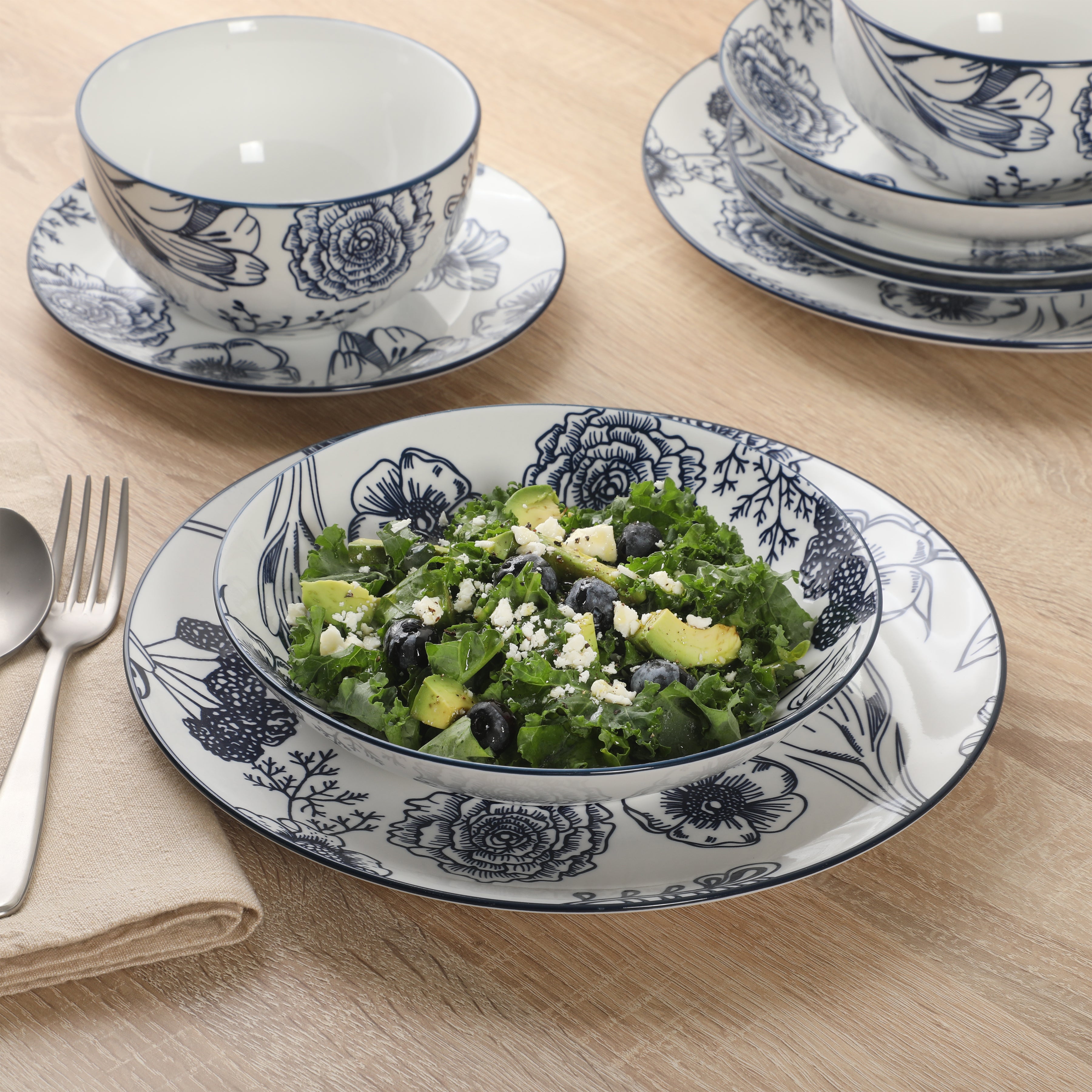 Gibson Home Westerly Court 16-Piece Dinnerware Set, Blue Floral Stoneware Plates & Bowls, Service for 4, Round Durable Everyday Dish Set