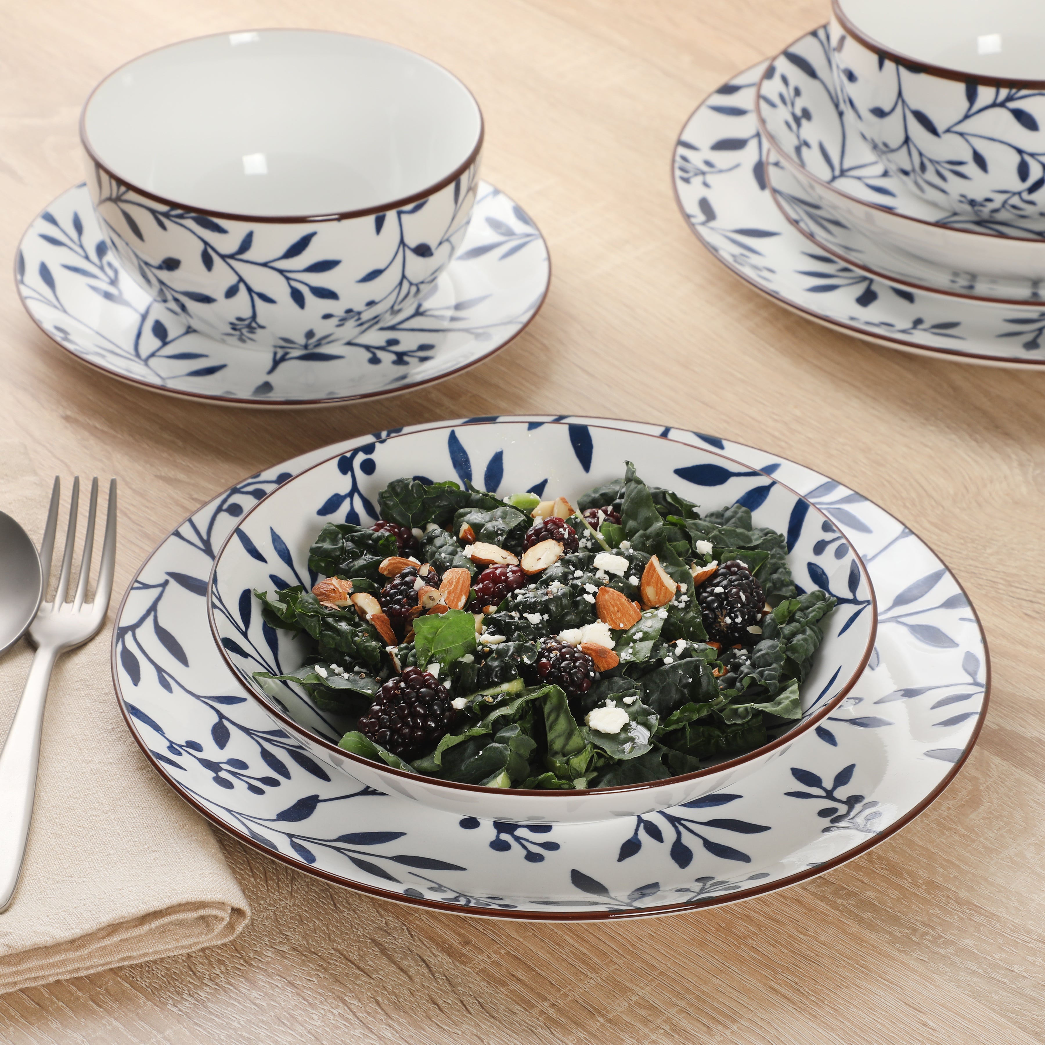 Gibson Home Palace Suite 16-Piece Dinnerware Set, Blue Floral Stoneware Plates & Bowls, Service for 4, Round Durable Everyday Dish Set
