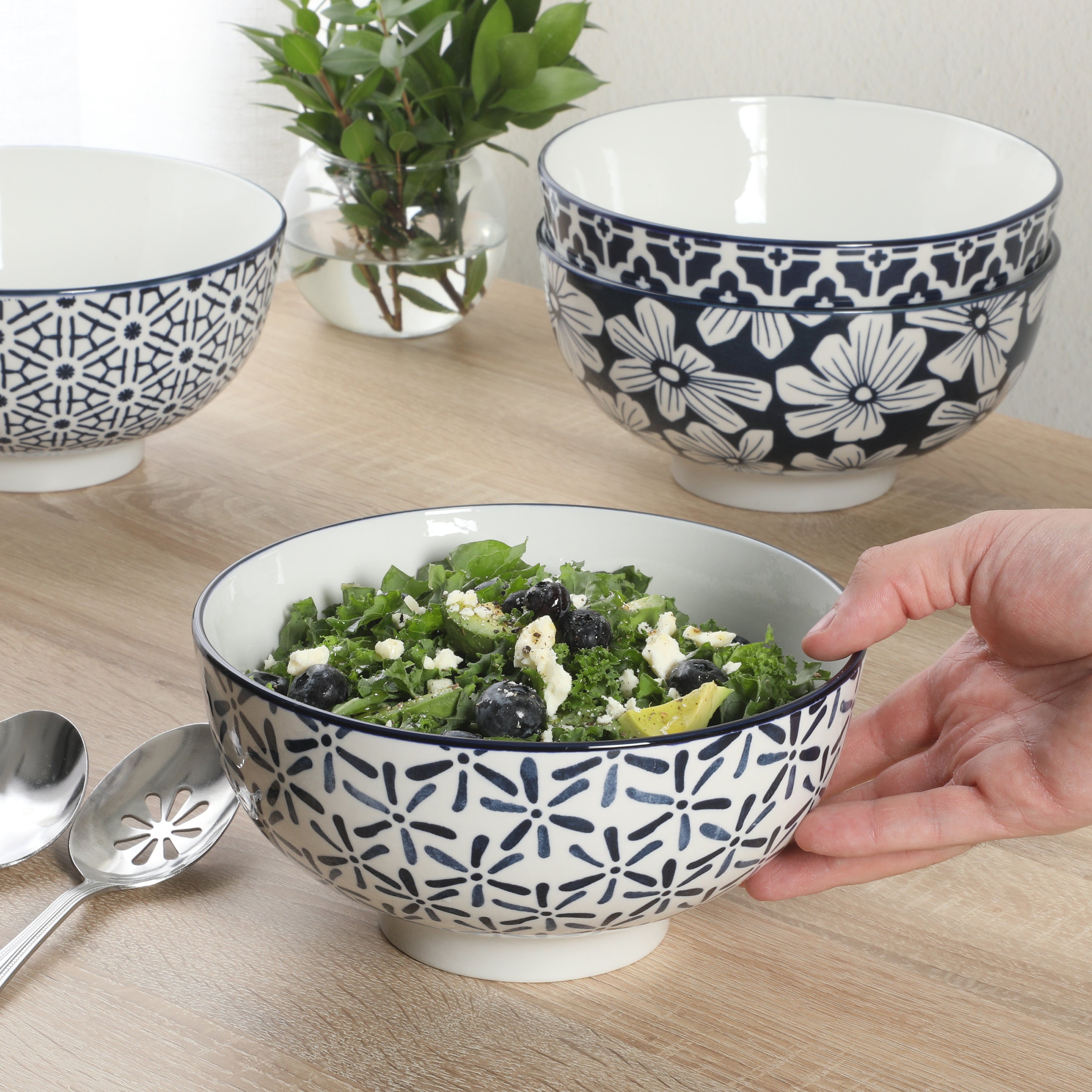 Gibson Home Castle Way 4-Piece Serving Bowl Set, 8 Inch Round Stoneware Bowls, Blue & White Assorted Pattern, Decorative Everyday Use