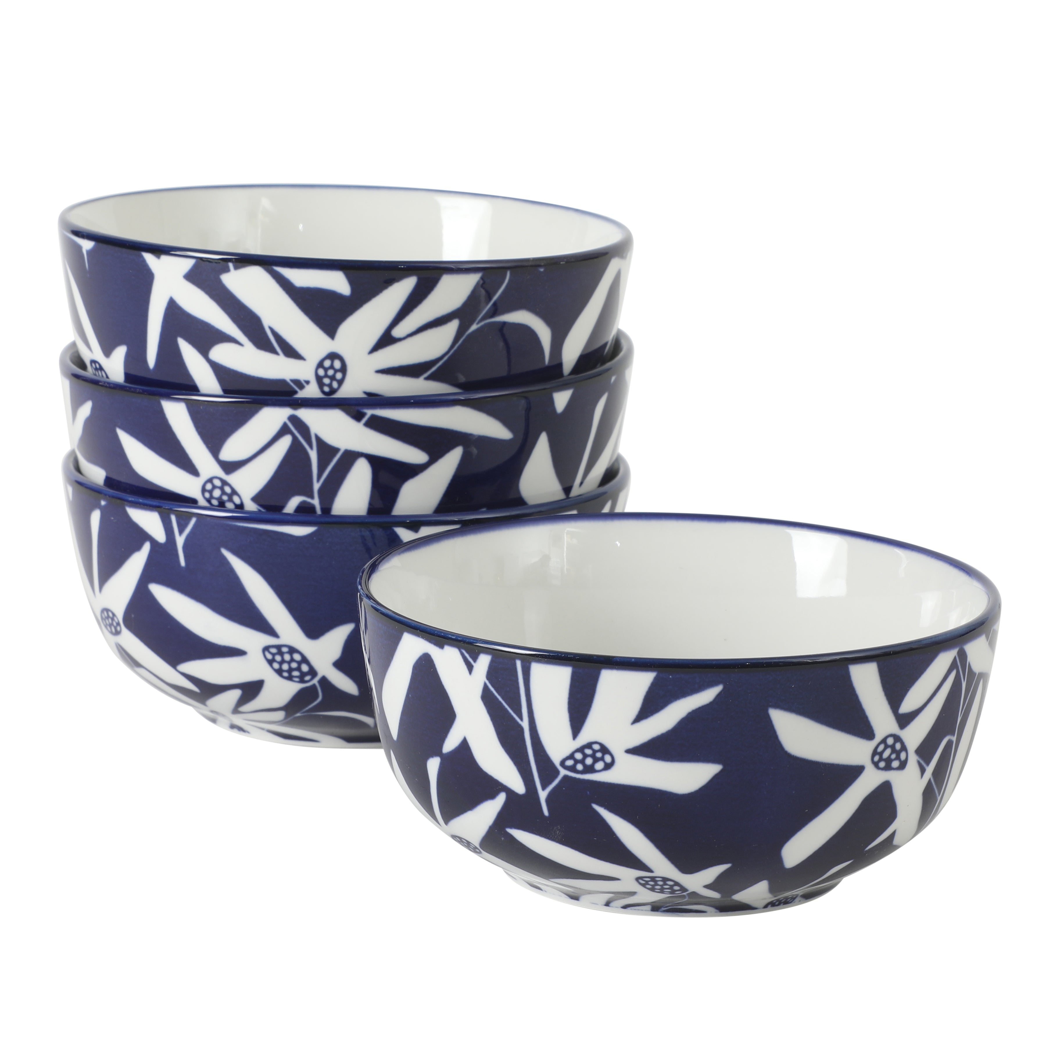 Gibson Home Ivory Estate 4-Piece Cereal Bowl Set, 5.5 Inch Round Stoneware Bowls, Blue & White Floral Pattern, Assorted Decorative Designs