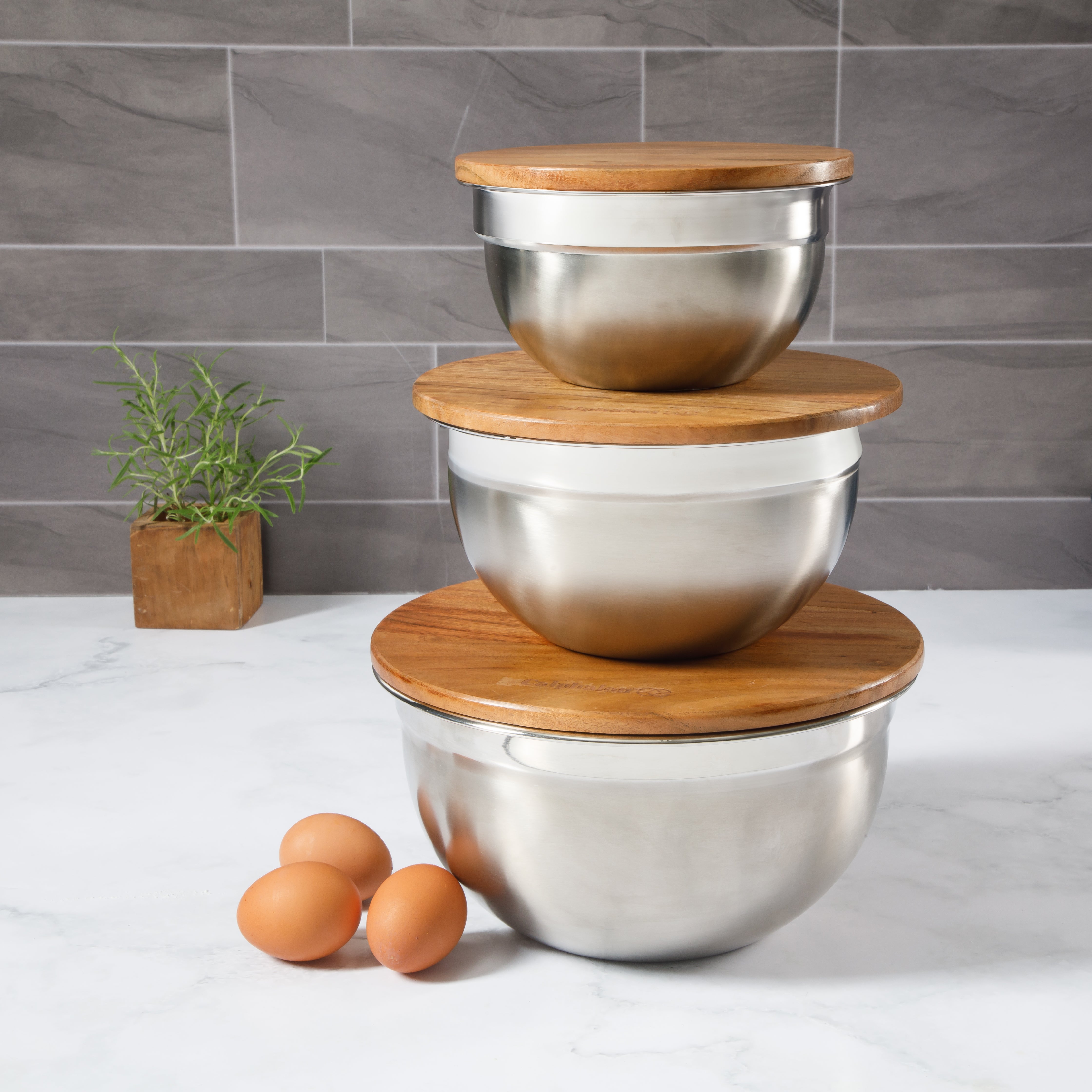 Calphalon Orbit 3 Piece Mixing Bowl Set W/ Acacia Wood Lids