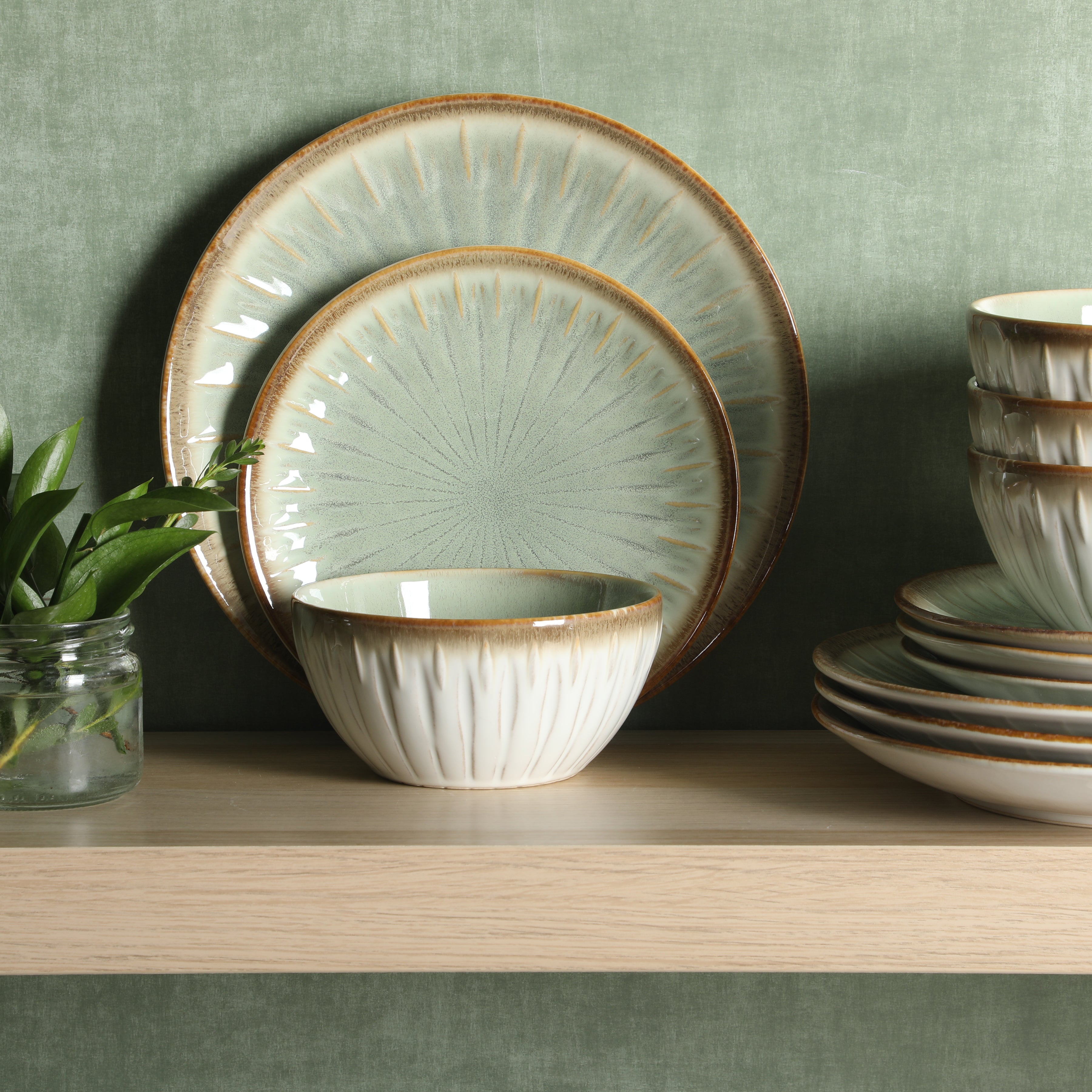 Gibson Elite Trescott Way 12 Piece Reactive Glaze Plates and Bowls Stoneware Dinnerware Set