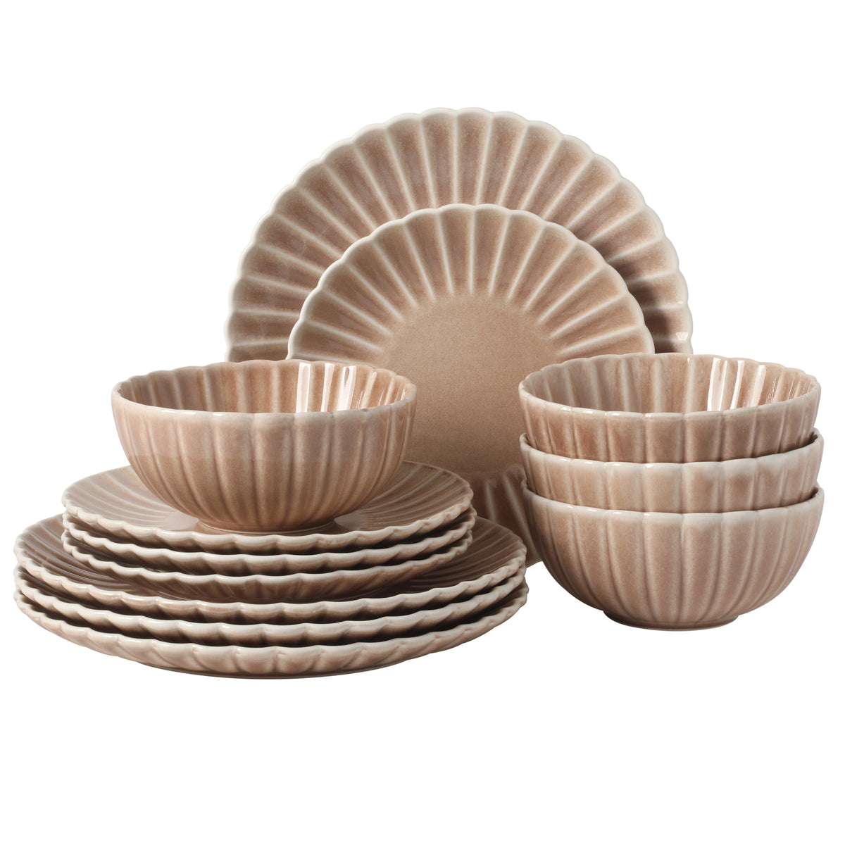 Gibson Elite Peach Orchard 12-piece new bone china dinnerware set in taupe with an embossed fluted, sunburst-style rim and scalloped edge.