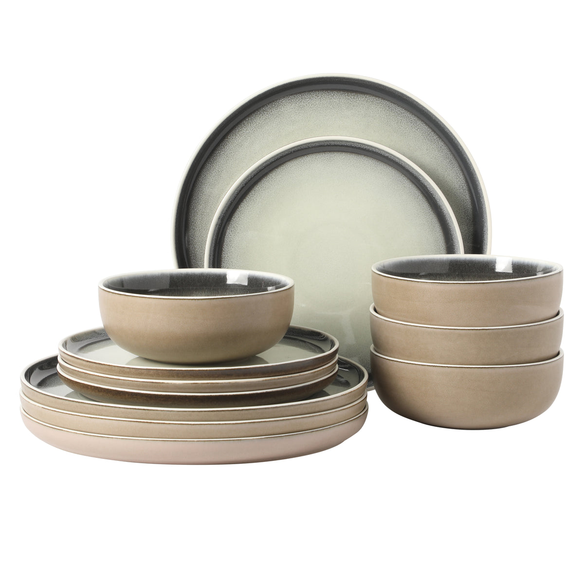 Gibson Elite Island Bay 12-piece new bone china dinnerware set with tan exterior and a black speckled reactive glaze rim over a cream interior.
