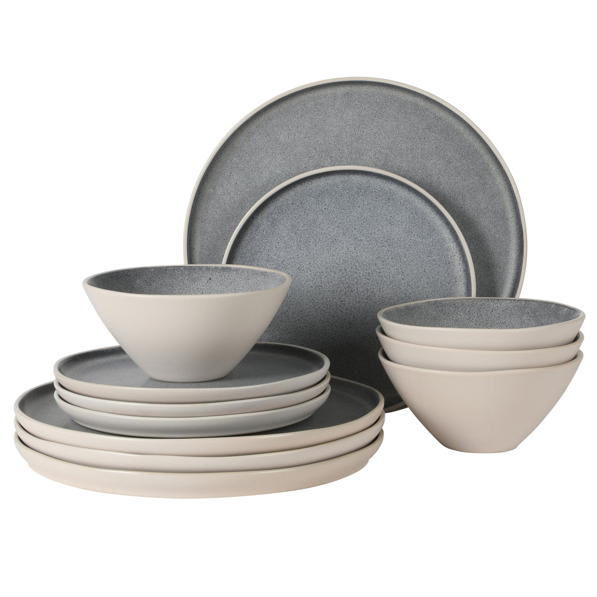 Gibson Elite Coastal Forest 12-piece stoneware dinnerware set with cream exterior and a two-tone grey speckled reactive glaze interior.
