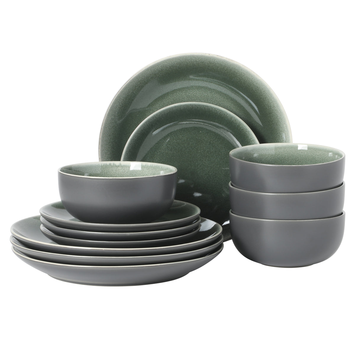 Gibson Elite Pine Coast 12-piece stoneware dinnerware set with grey exterior and a speckled green reactive glaze interior.