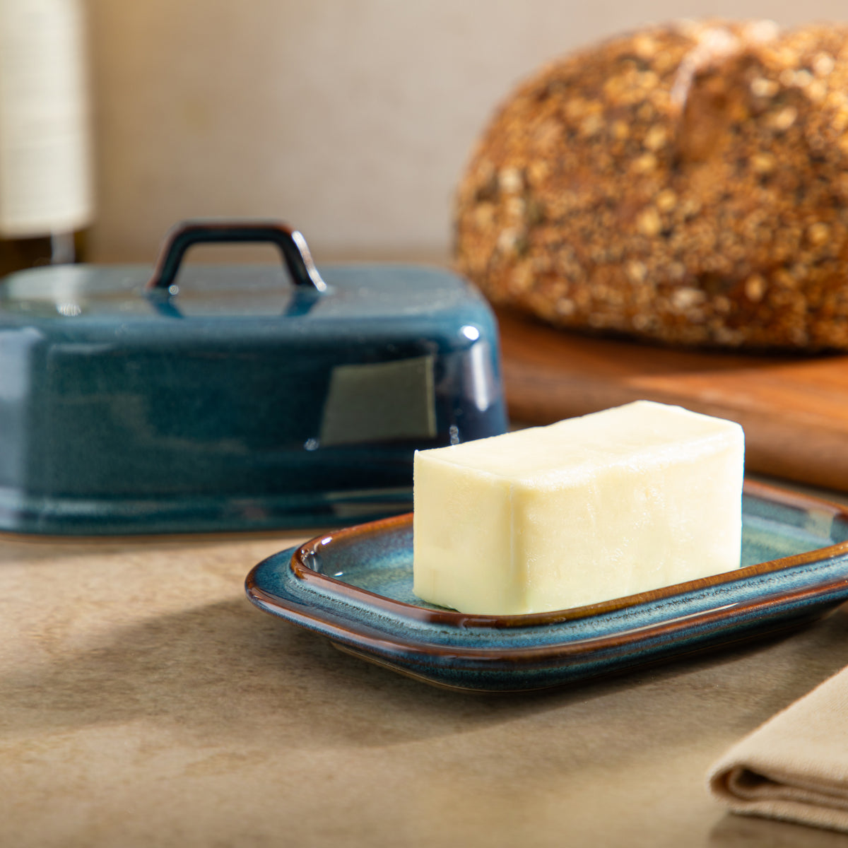 Gibson Elite Blue Eagle Butter Dish with Lid for Countertop, Ceramic Stoneware Butter Keeper, Reactive Glaze, Covered Rectangular Dish