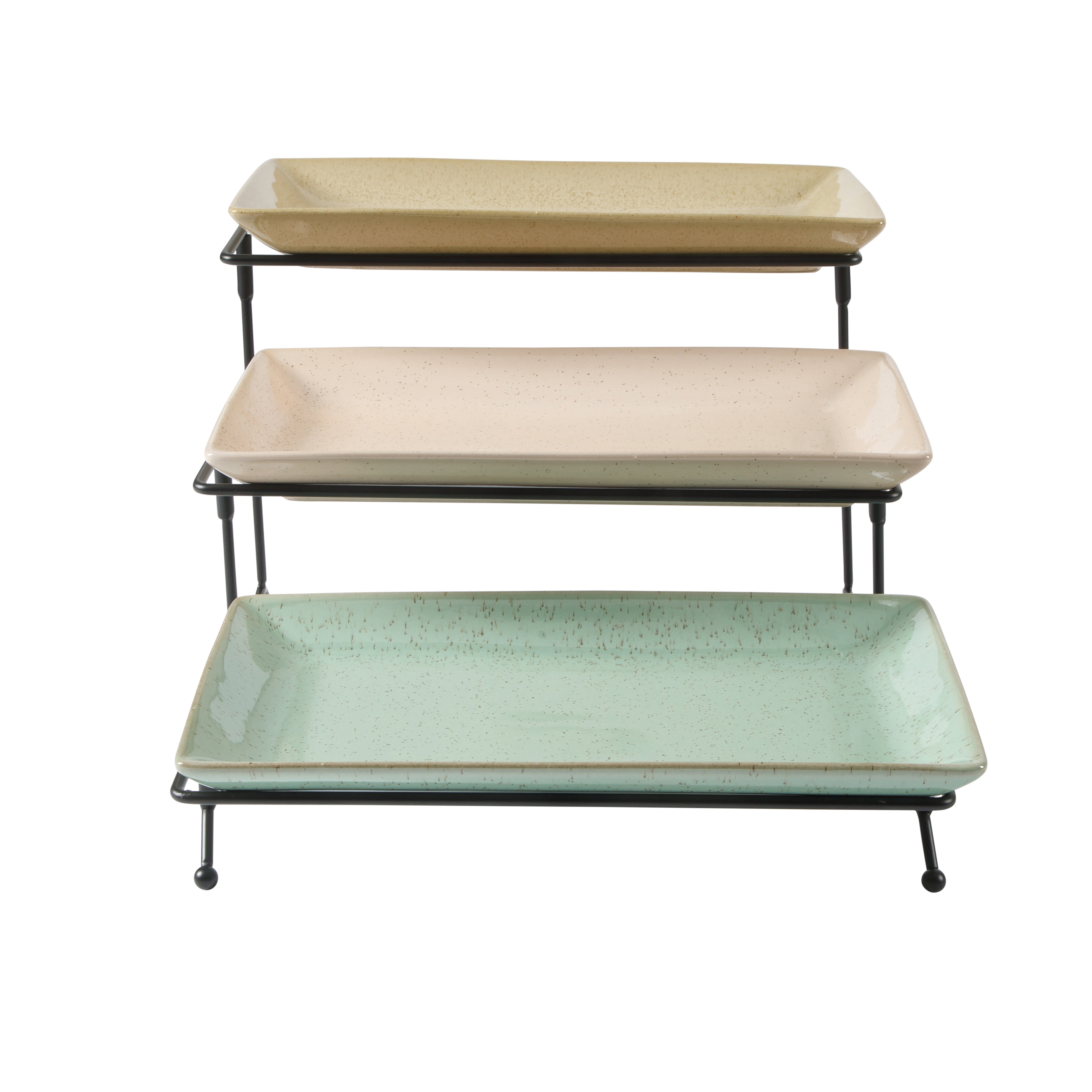 Gibson Elite 3 Tier Serving Platter Set, Stoneware Tiered Serving Tray for Party with Metal Rack, Reactive Glaze, Rectangular, Multi-Color