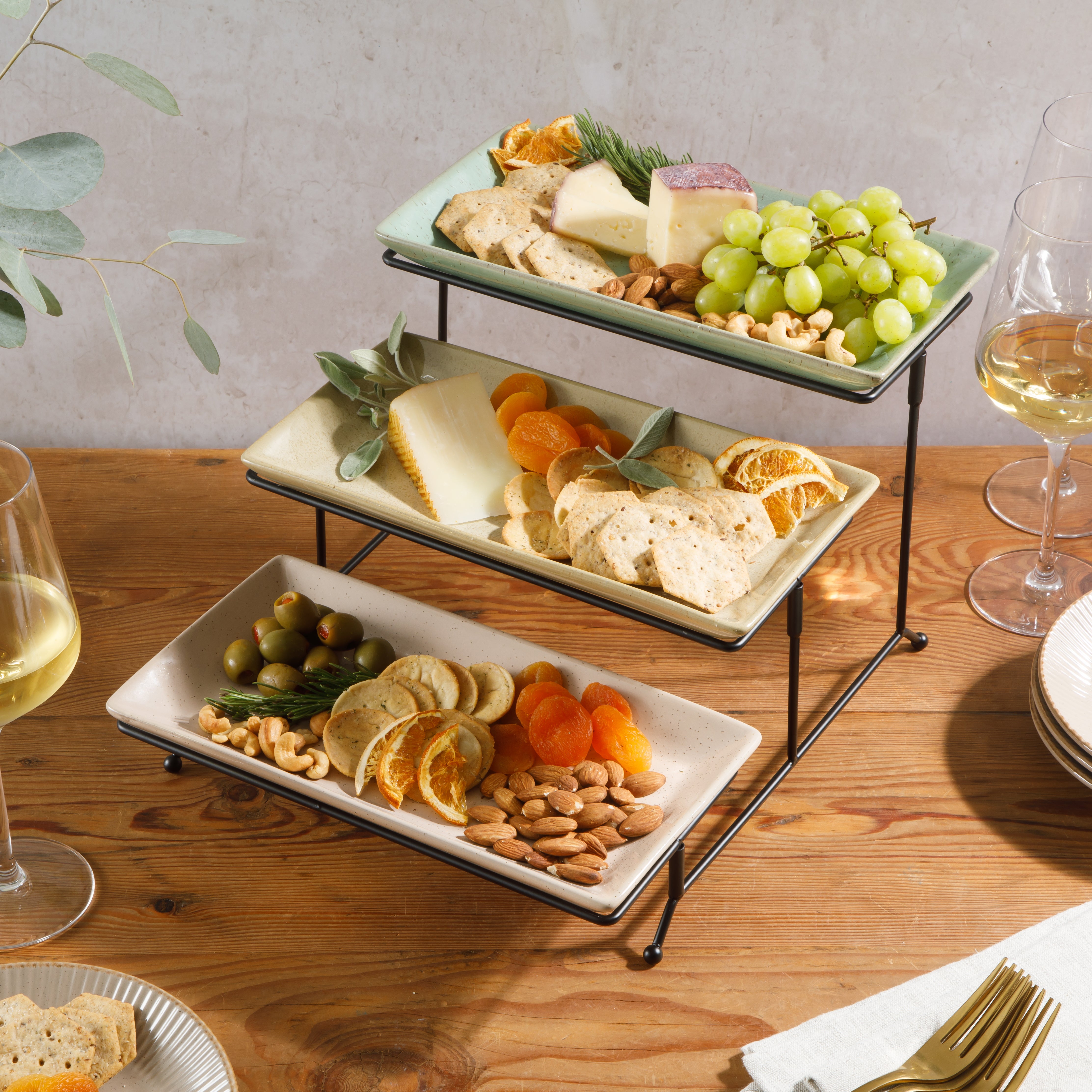 Gibson Elite 3 Tier Serving Platter Set, Stoneware Tiered Serving Tray for Party with Metal Rack, Reactive Glaze, Rectangular, Multi-Color
