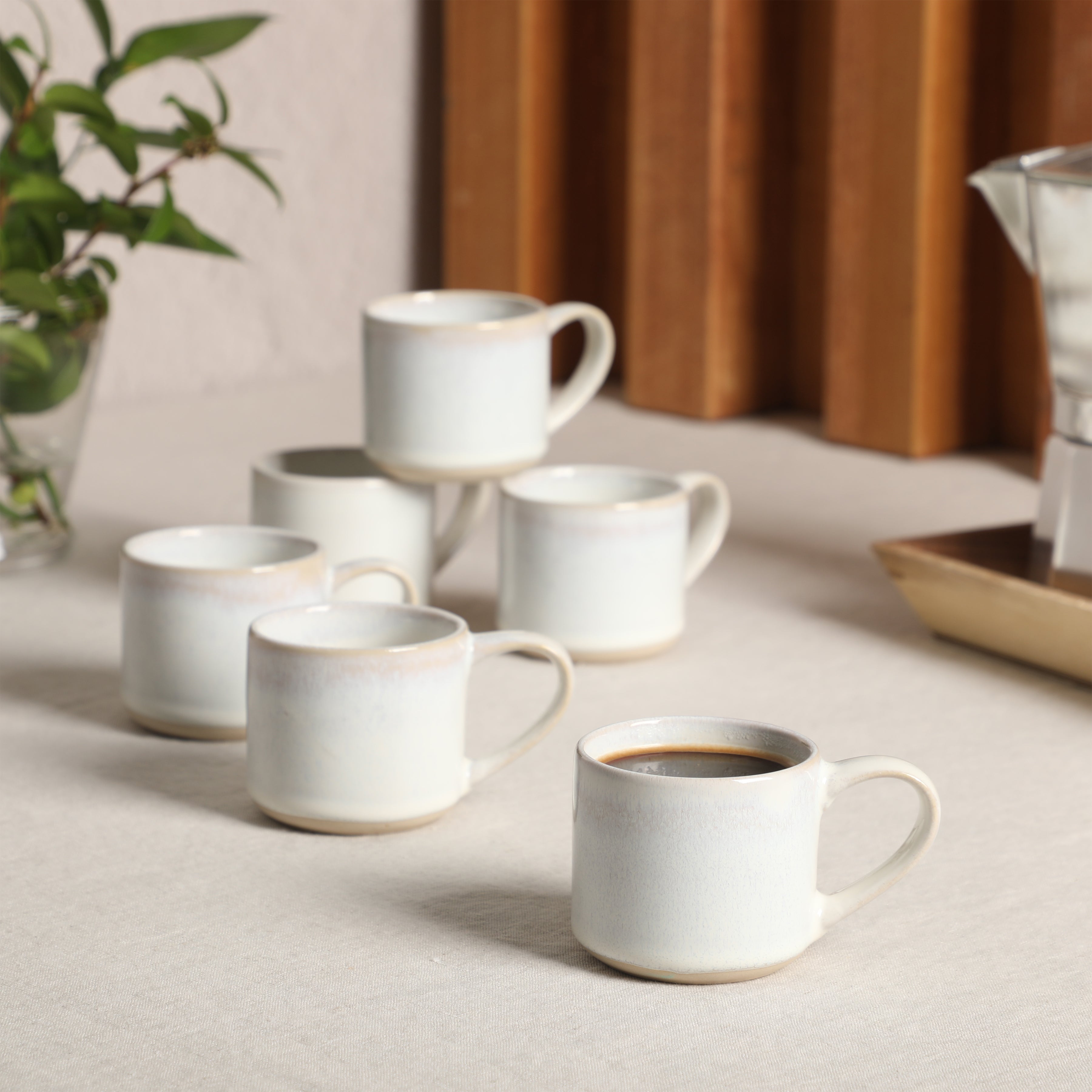 Mr. Coffee Whims Espresso Cups Set of 6, 3.7 oz Stoneware Demitasse Espresso Shot Cups with Handles, Stackable Reactive Glaze Ceramic Coffee Cups
