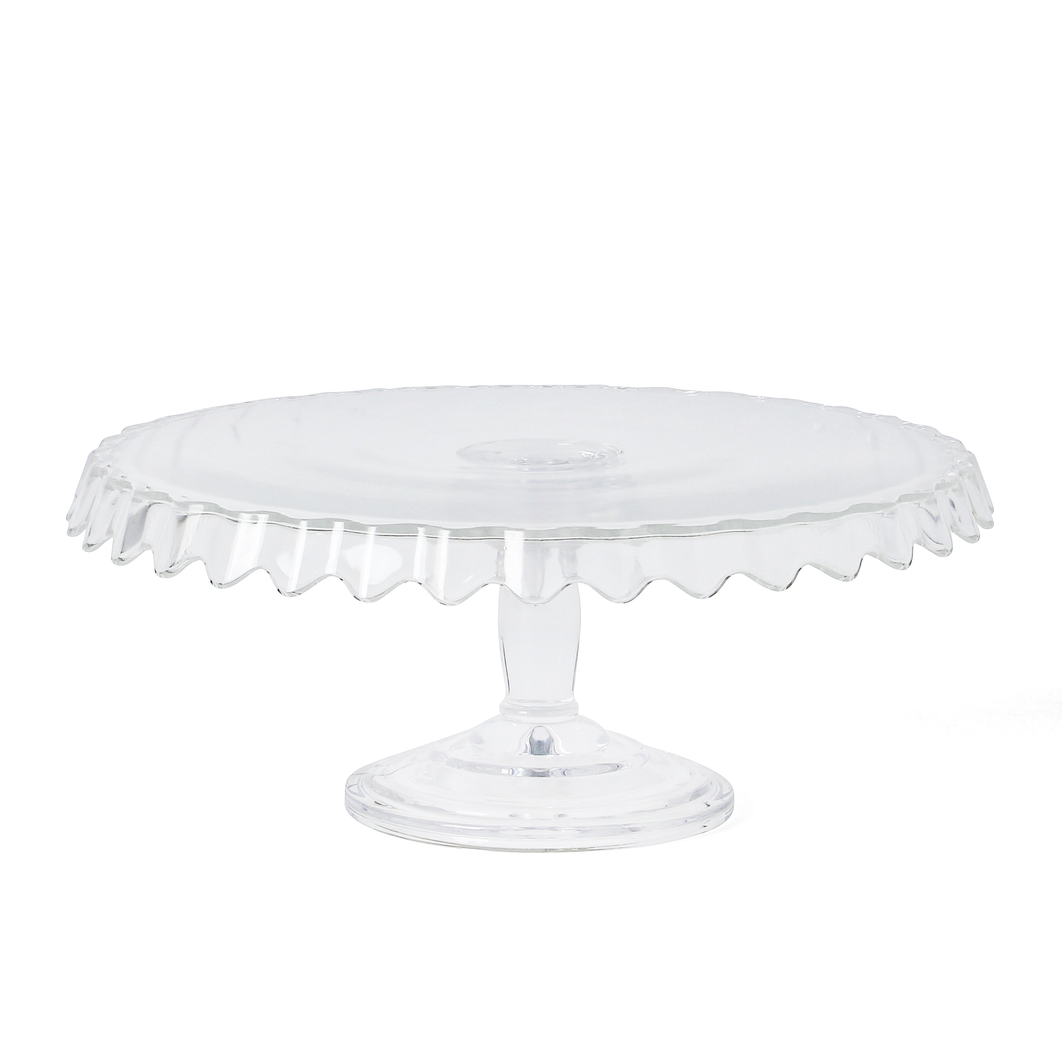 Martha Stewart Watercrest Glass Cake Stand, 10.2 Inch Footed Pedestal Cake Plate with Scalloped Ruffled Edge, Clear Handmade Glassware