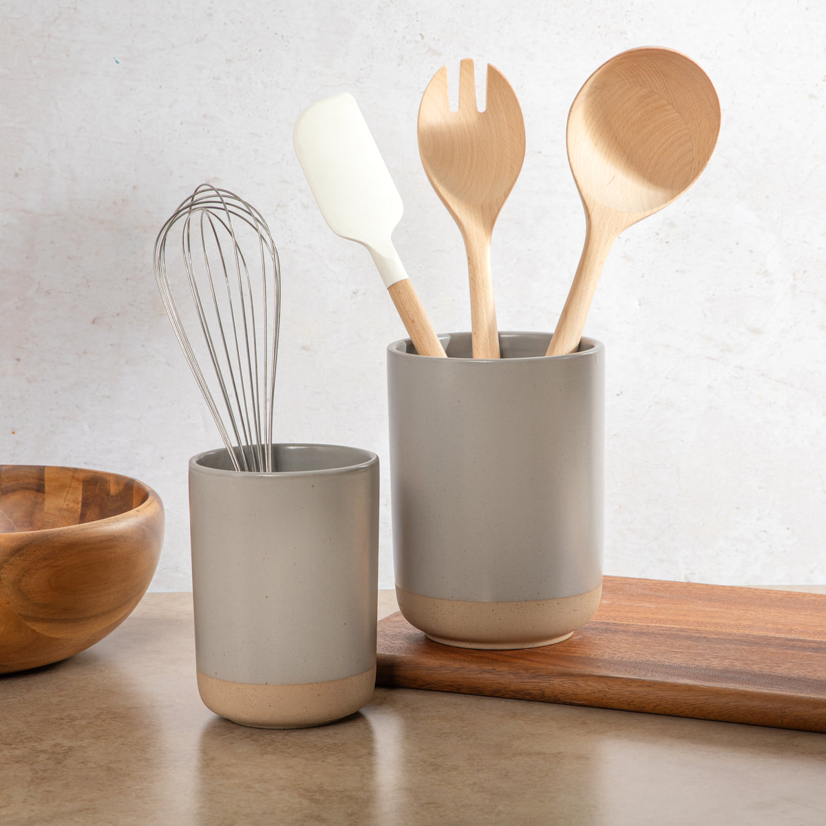 Gibson Elite Turtle Rock Kitchen Utensil Holder Set of 2, Ceramic Crock for Countertop, Spoon Caddy & Kitchen Counter Organizer, Taupe