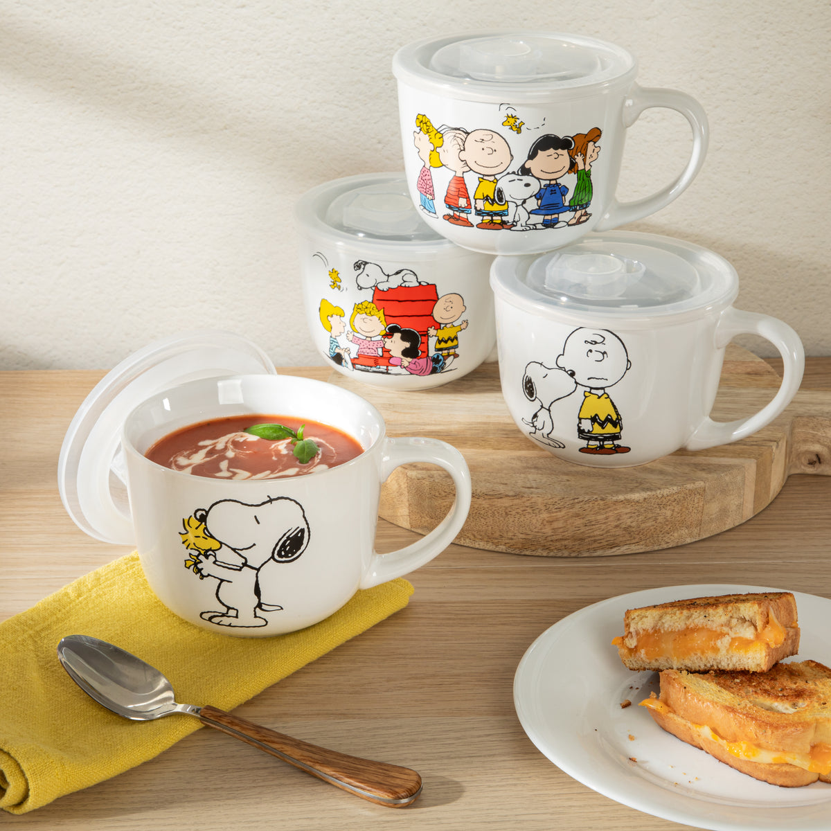 Peanuts Snoopy 23 Oz Stoneware Soup Mugs with Lids and Handles, Happiness Is Friendship, Set of 4