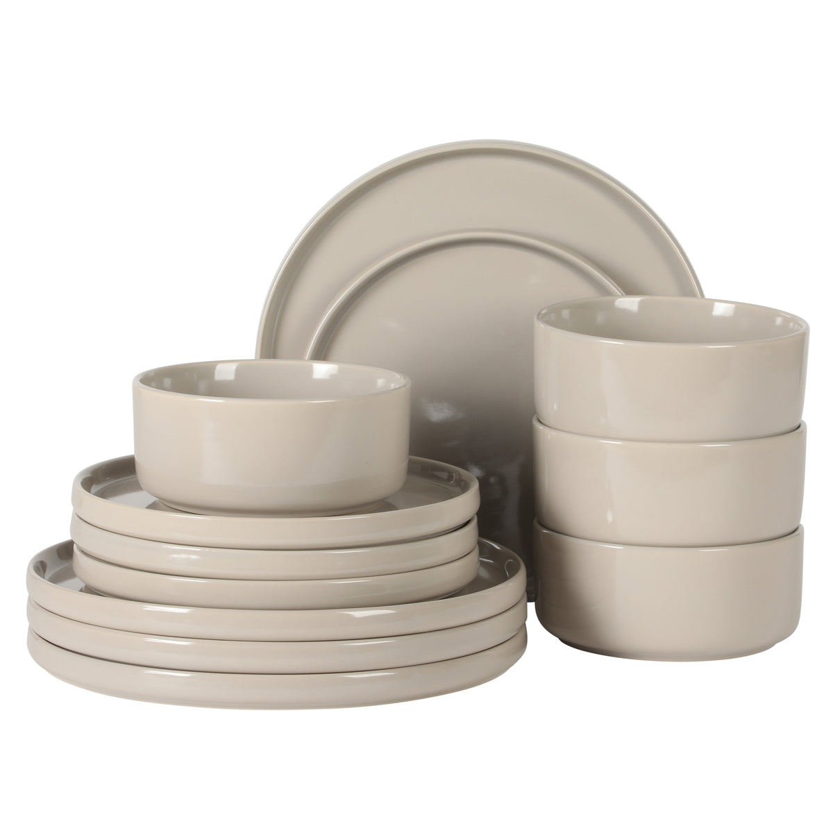 Gibson Elite Moonstone 12-piece modern stoneware dinnerware set in a solid glossy grey, including dinner plates, salad plates, and bowls.