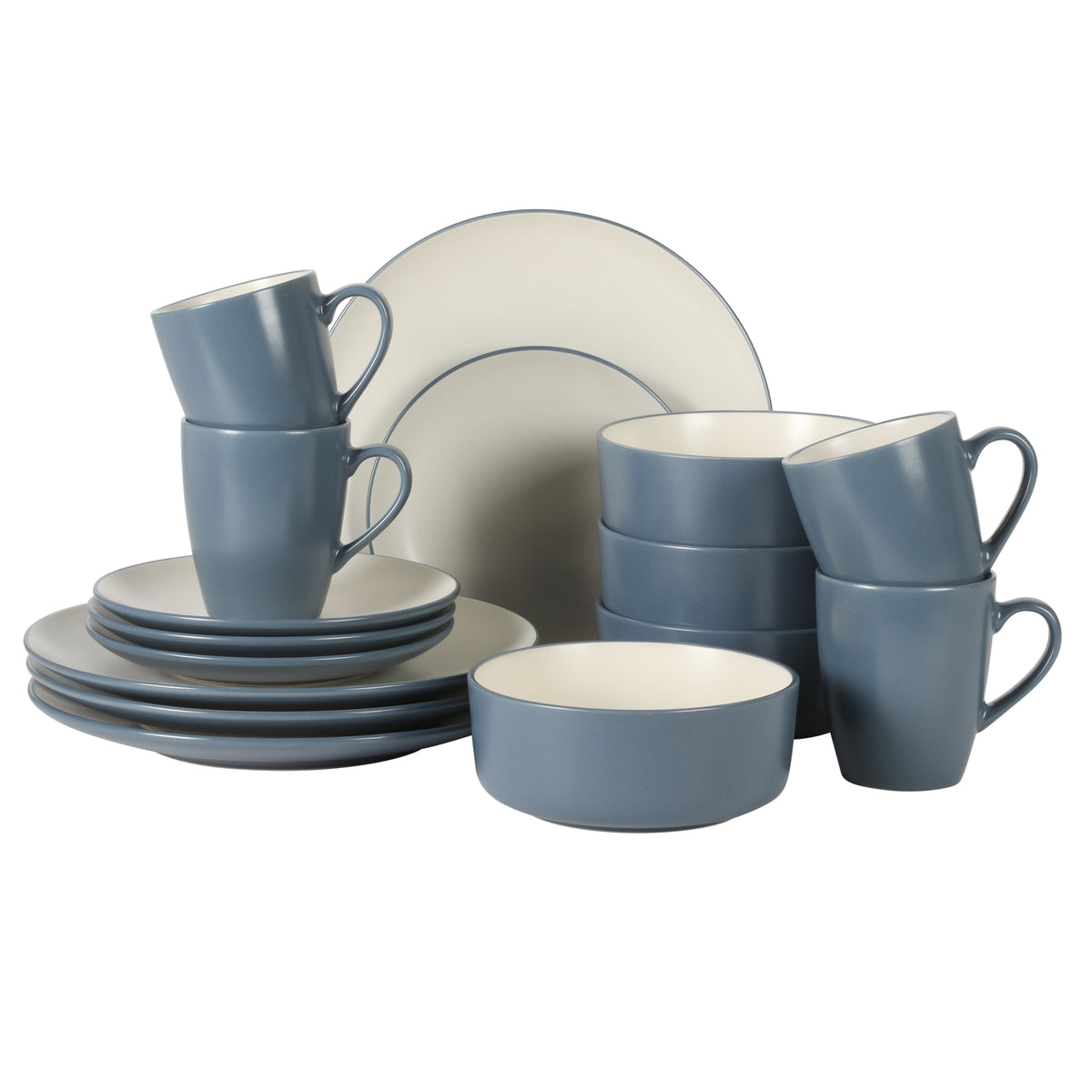 Gibson Elite Oxford Blue 16-piece stoneware dinnerware set with cream interior and blue-grey exterior reactive glaze, including plates, bowls, and mugs.