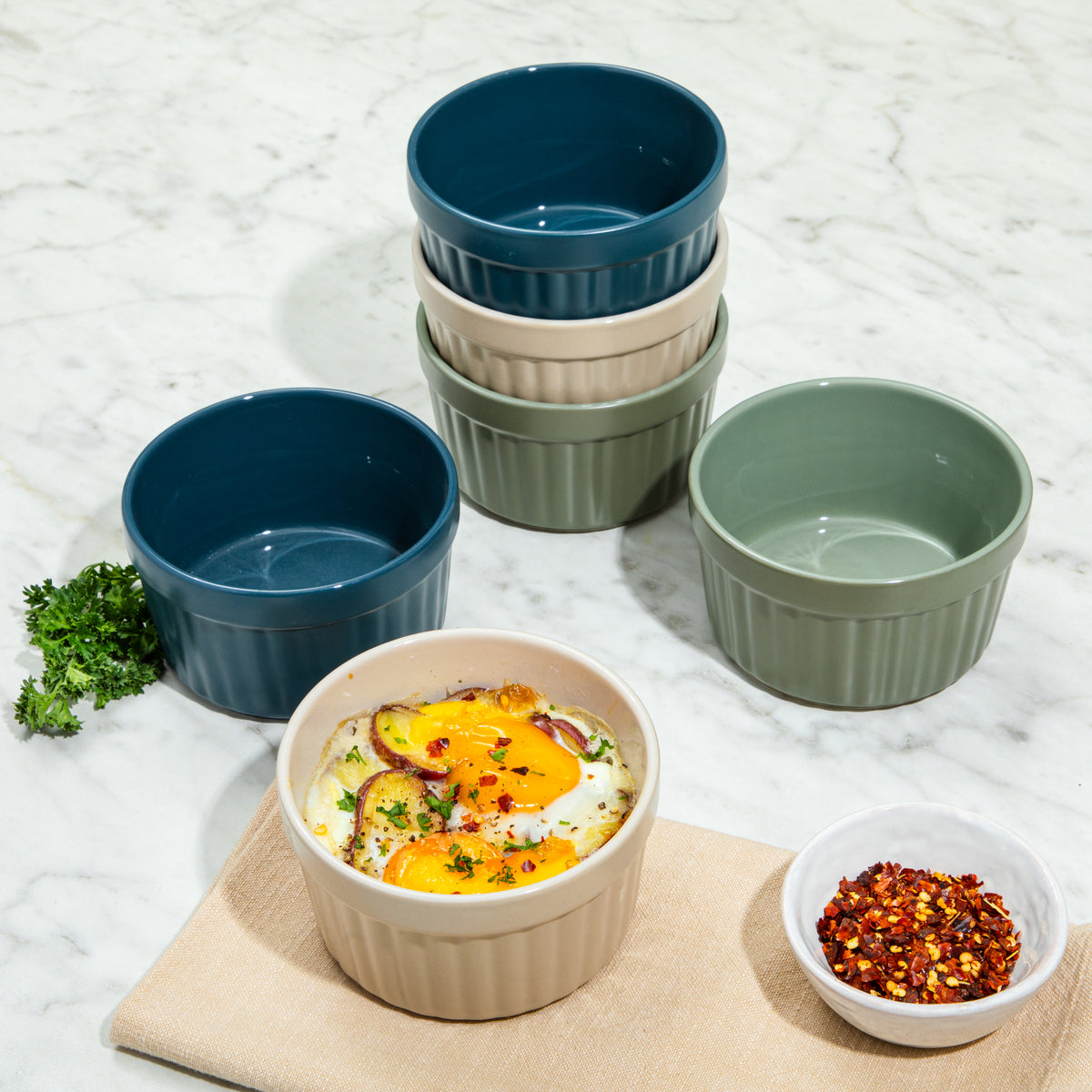 Crockpot Thornburg 6 Pack 14 Oz Stoneware Ramekins, Ribbed Oven Safe Baking Dishes, Assorted Colors