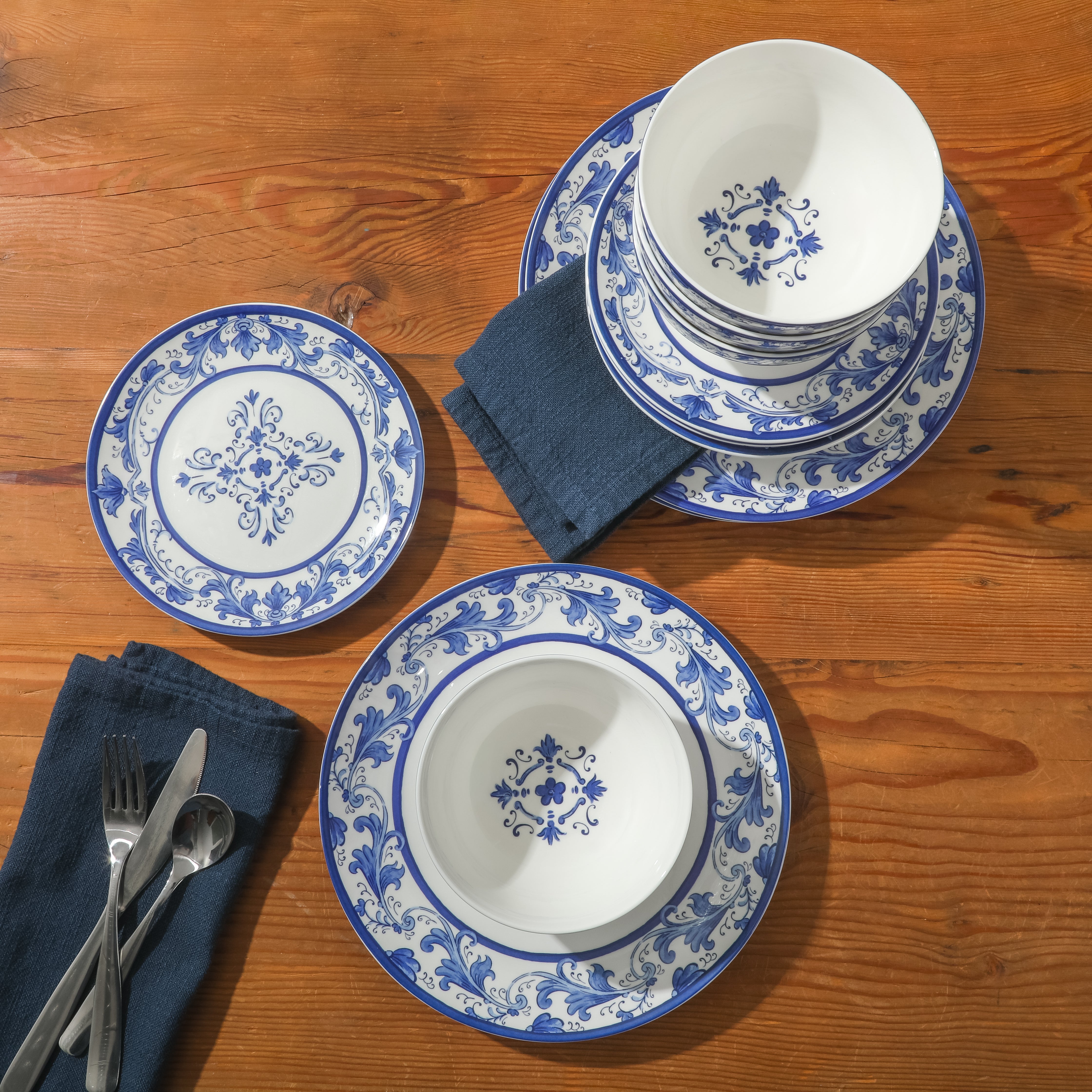 Sur La Table Plates and Bowls Set, 12 Piece New Bone China Dinnerware Set for 4, Mediterranean Blue Pattern, Dishwasher & Microwave Safe
