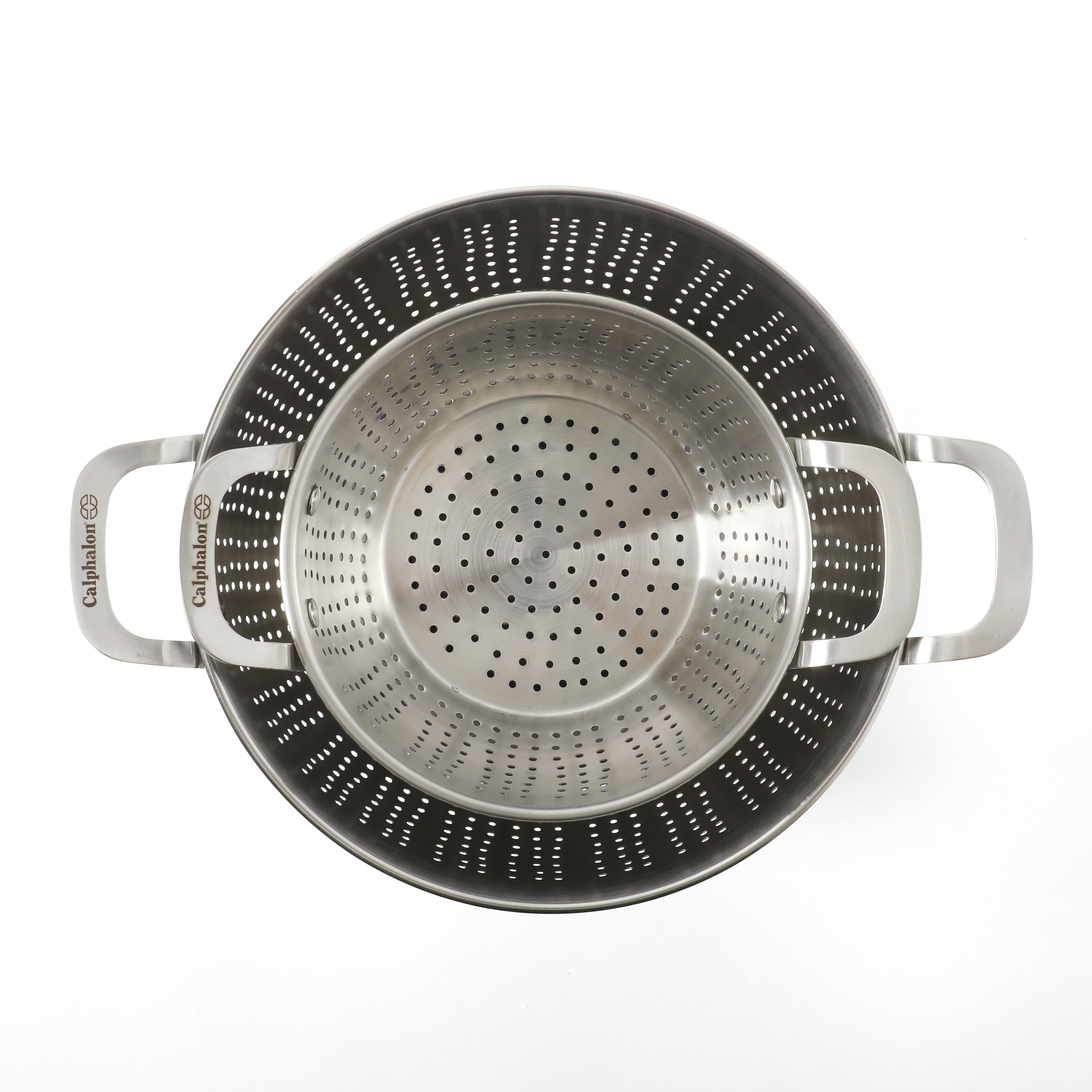 Calphalon Astro Colander Set, 2-Piece Stainless Steel Colander and Strainer, 5 QT & 1.5 QT Pasta Strainer with Handles, Kitchen Colander, Silver