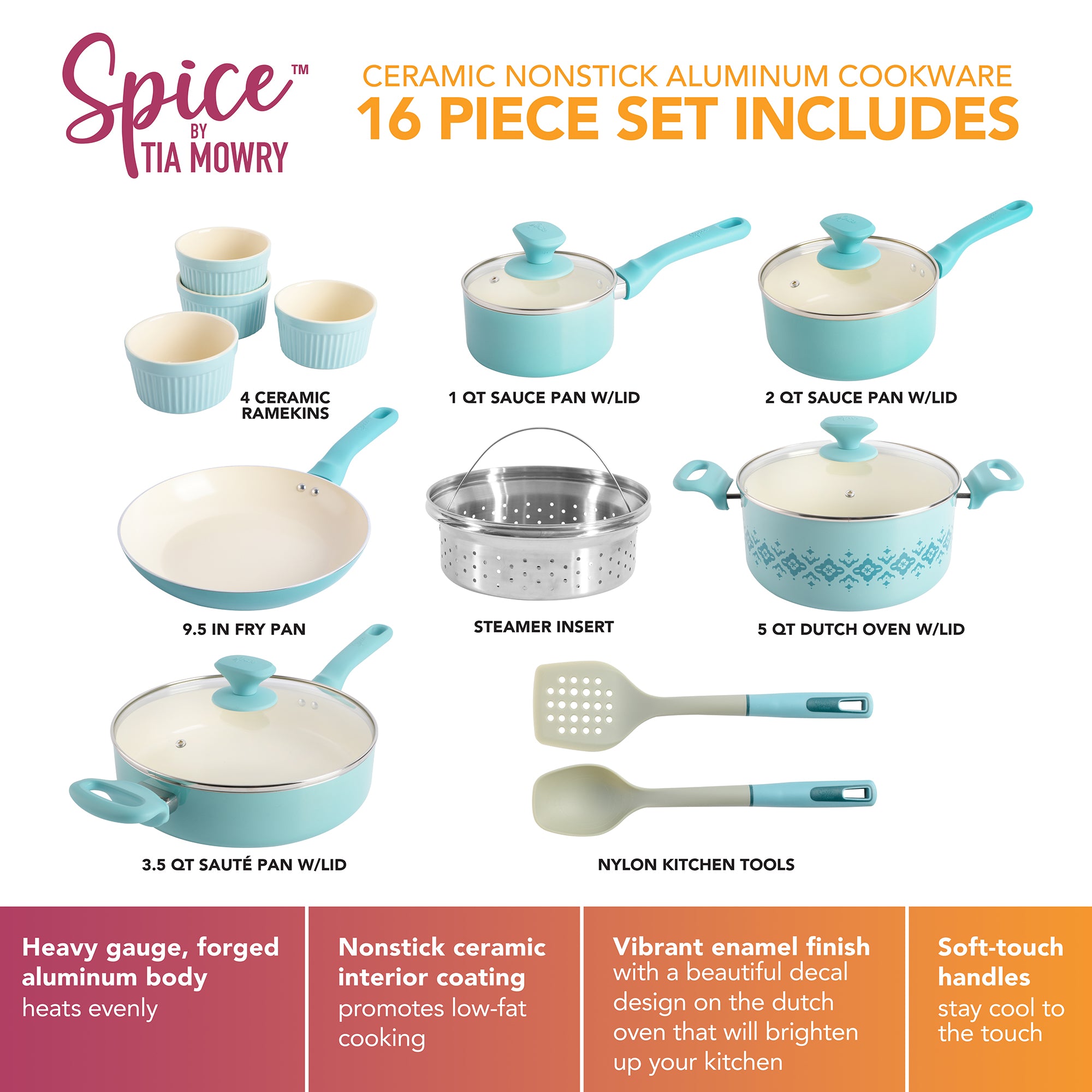 Spice by Tia Mowry Savory Saffron 16-Piece Cookware Set w/ Healthy Non-Stick Ceramic Interior