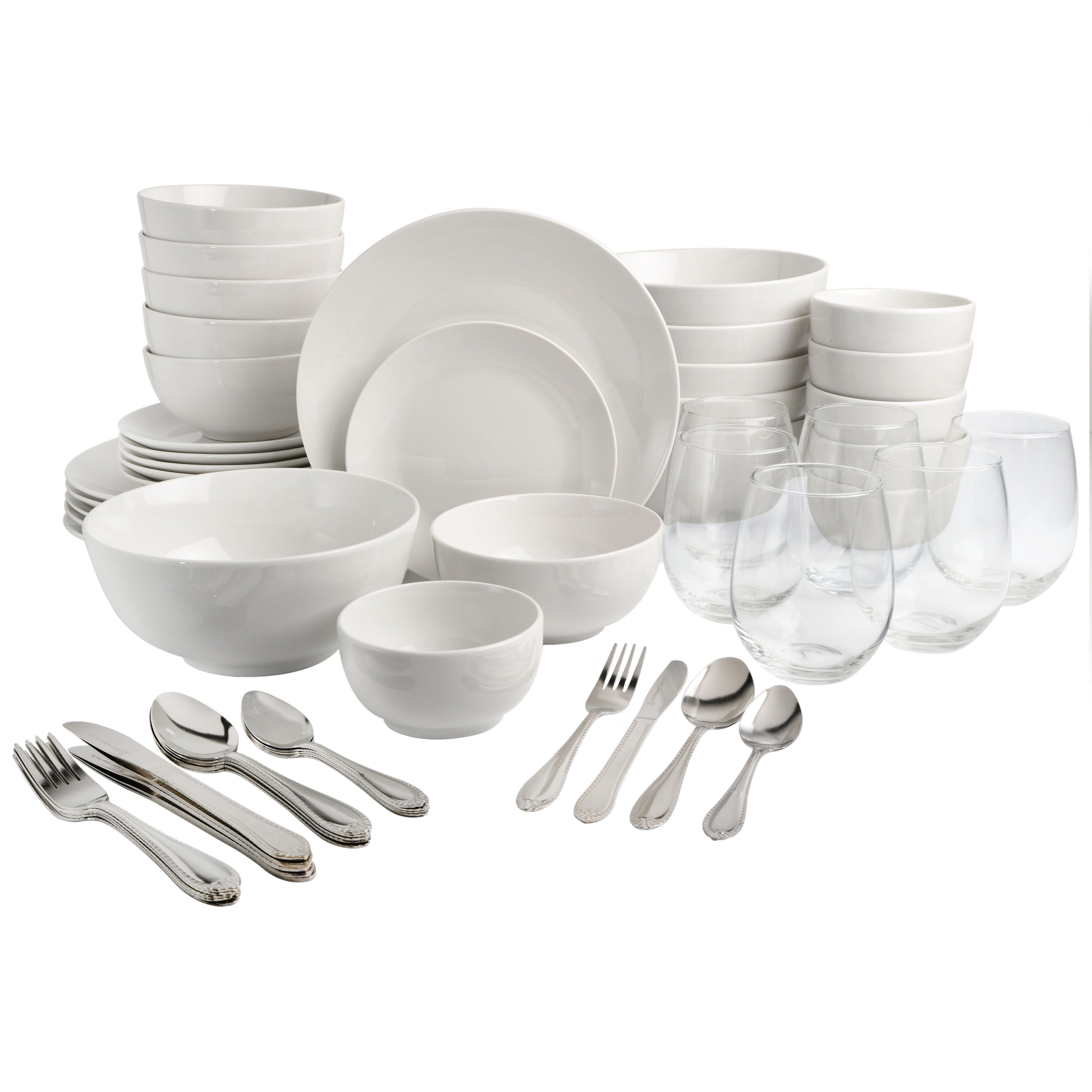 Gibson Home All U Need 60 Piece Plates, Bowls, Glassware, Forks, Spoon