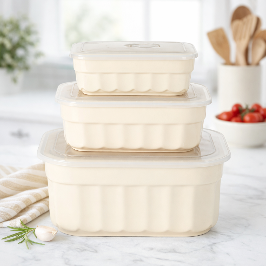 Martha Stewart Broadbrook 6 Piece Stoneware Meal Prep Container Set with Lids, Rectangular/Round Food Storage & Bakeware, Cream, Oven, Microwave & Dishwasher Safe