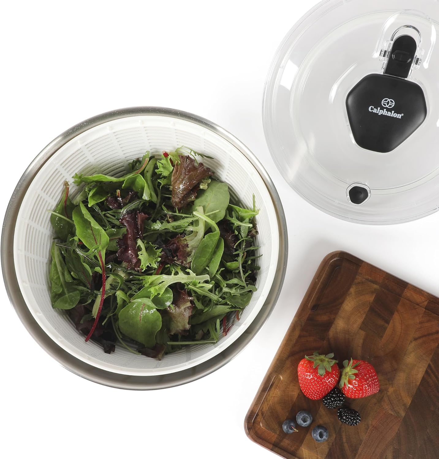 Calphalon Aero 6.3 Qt Stainless Steel Salad Spinner, Fruit Washer, Fruit Washing Bowl with Strainer, Vegetable Cleaner, Salad Cleaner, Lettuce Washer