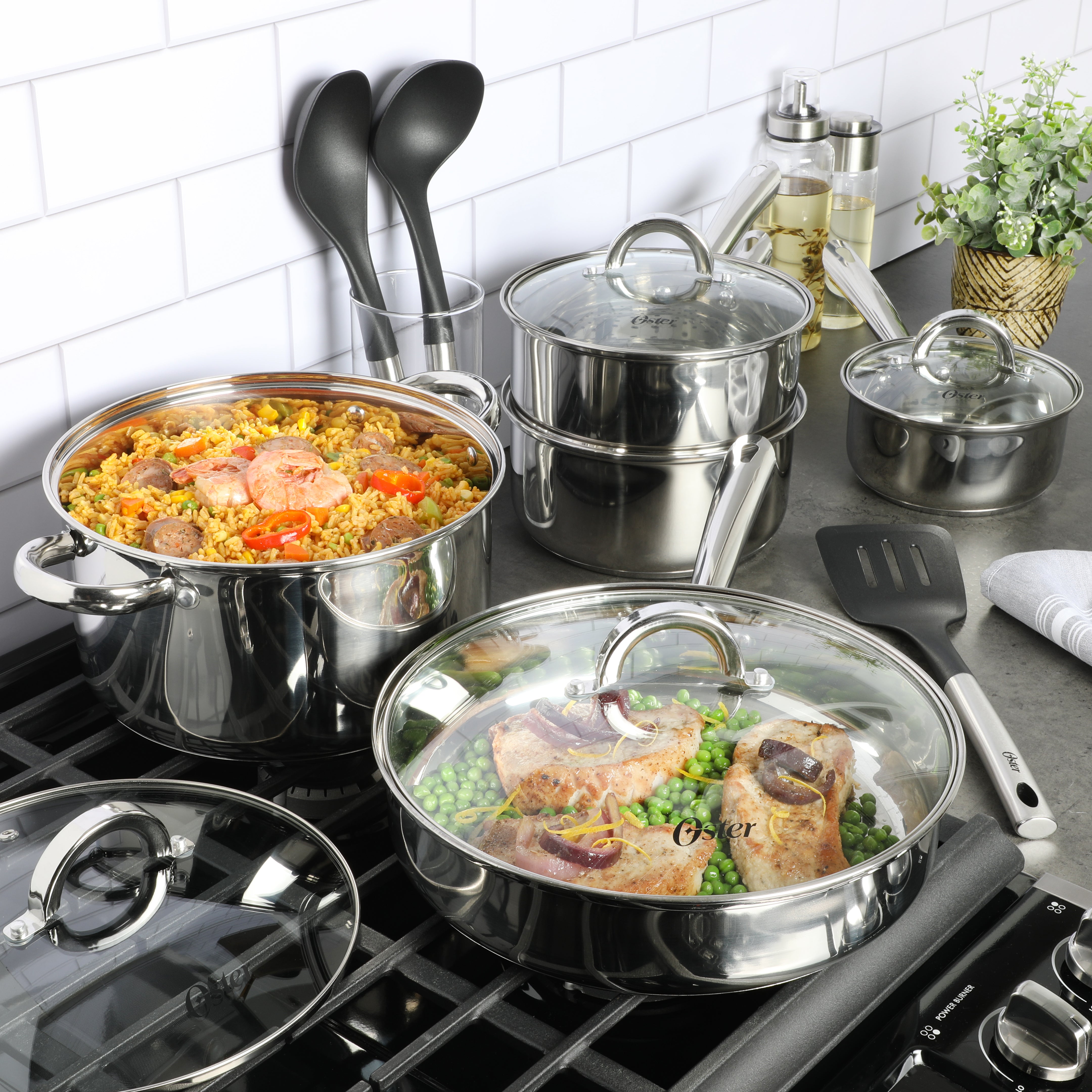 Oster Sangerfield 12-Piece Stainless Steel Cookware Set w/ Kitchen Tools