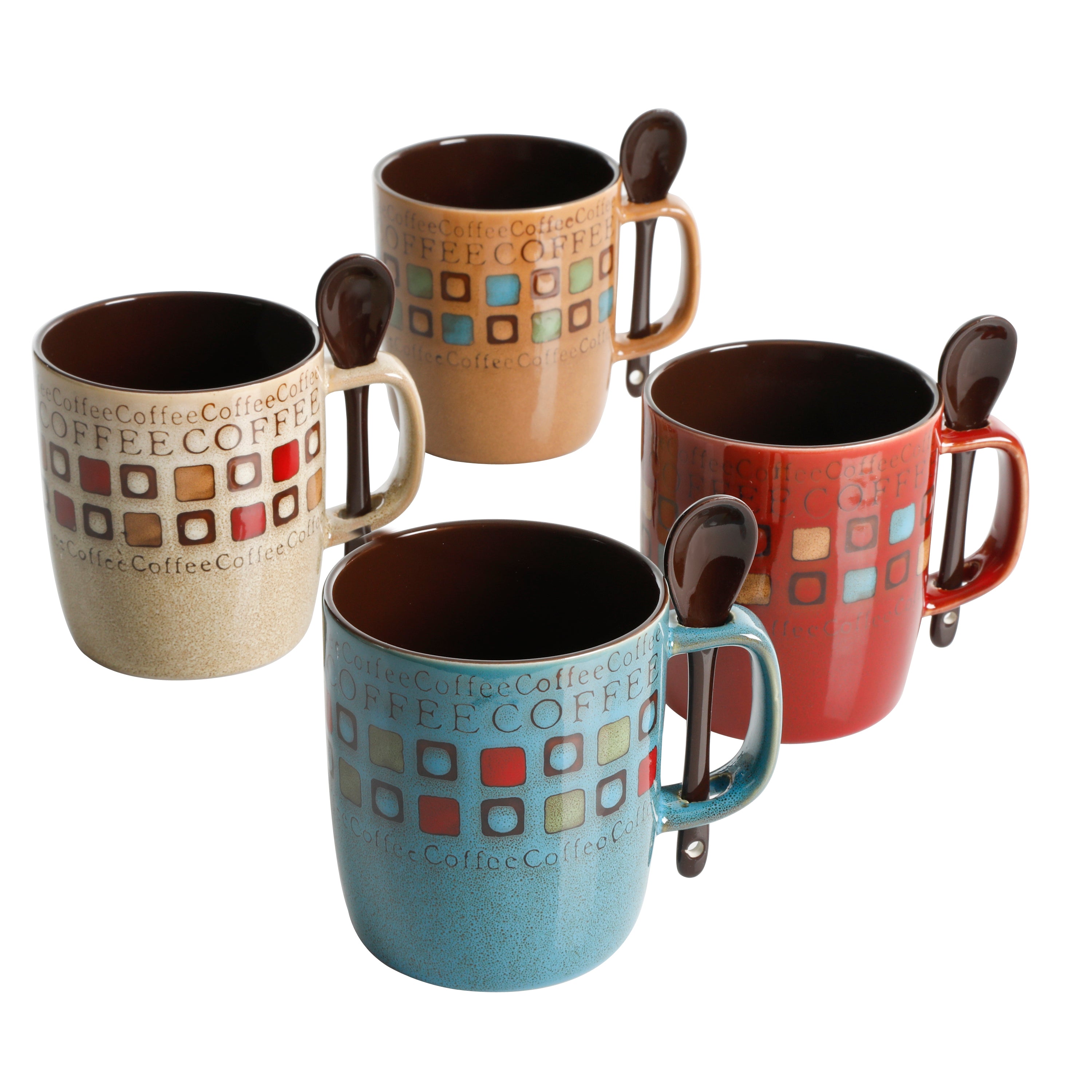 Mr. Coffee Café Americano 8-Piece 14oz Assorted Styles Mug Set w/ Spoons