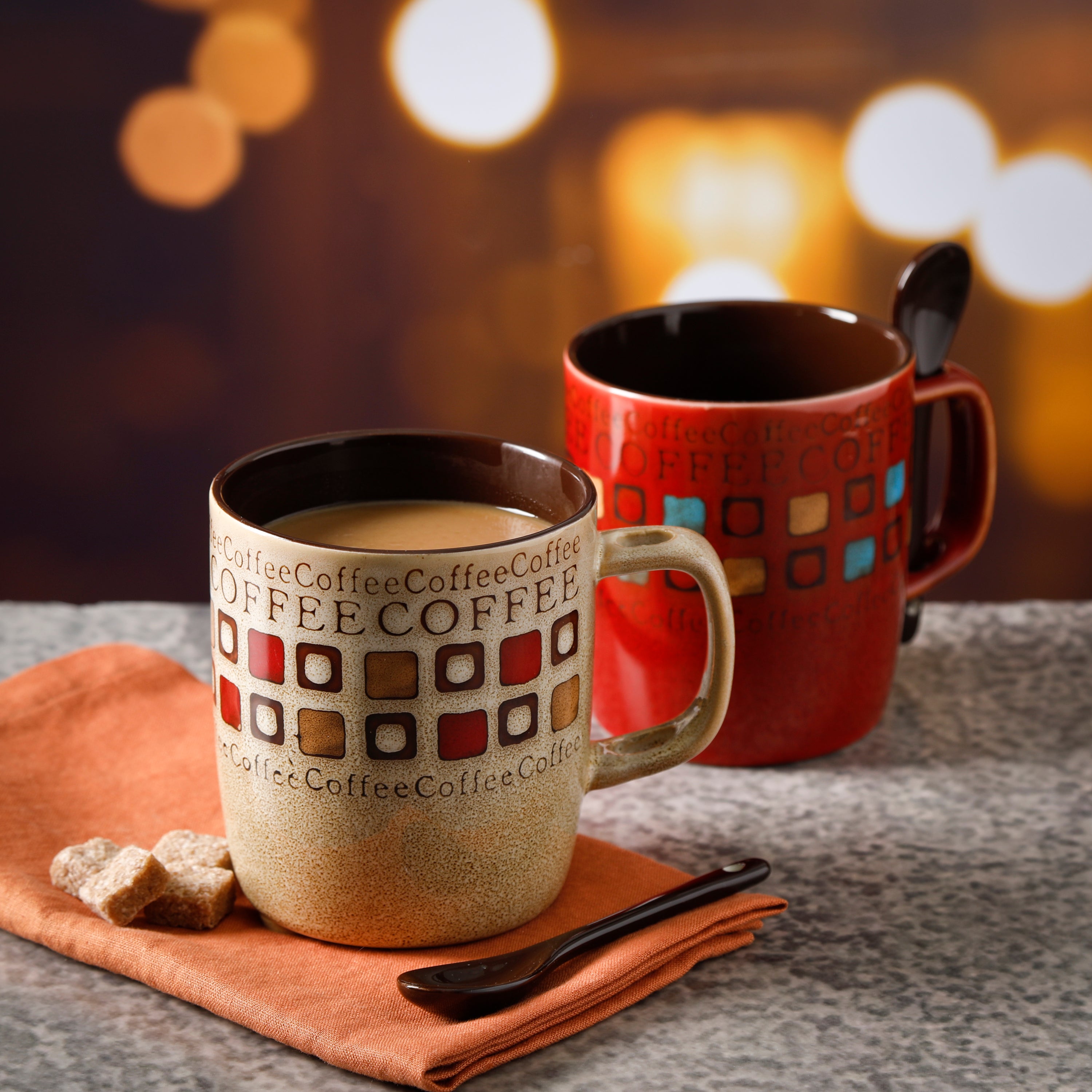Mr. Coffee Café Americano 8-Piece 14oz Assorted Styles Mug Set w/ Spoons