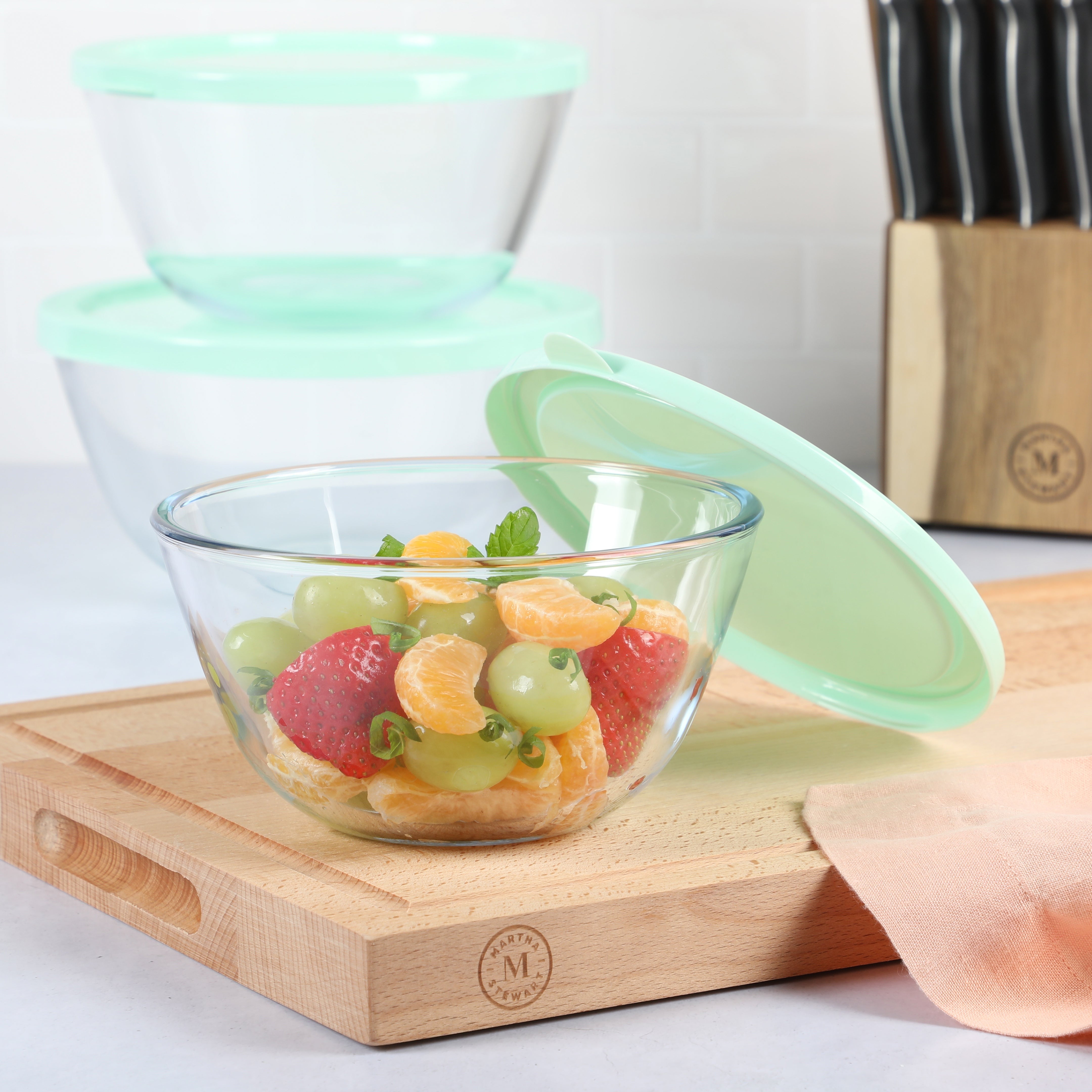 Martha Stewart Summersol 6-Piece, (67.6oz, 50.7oz, 33.8oz) Borosilicate Glass Mixing Bowl Set w/ Lids