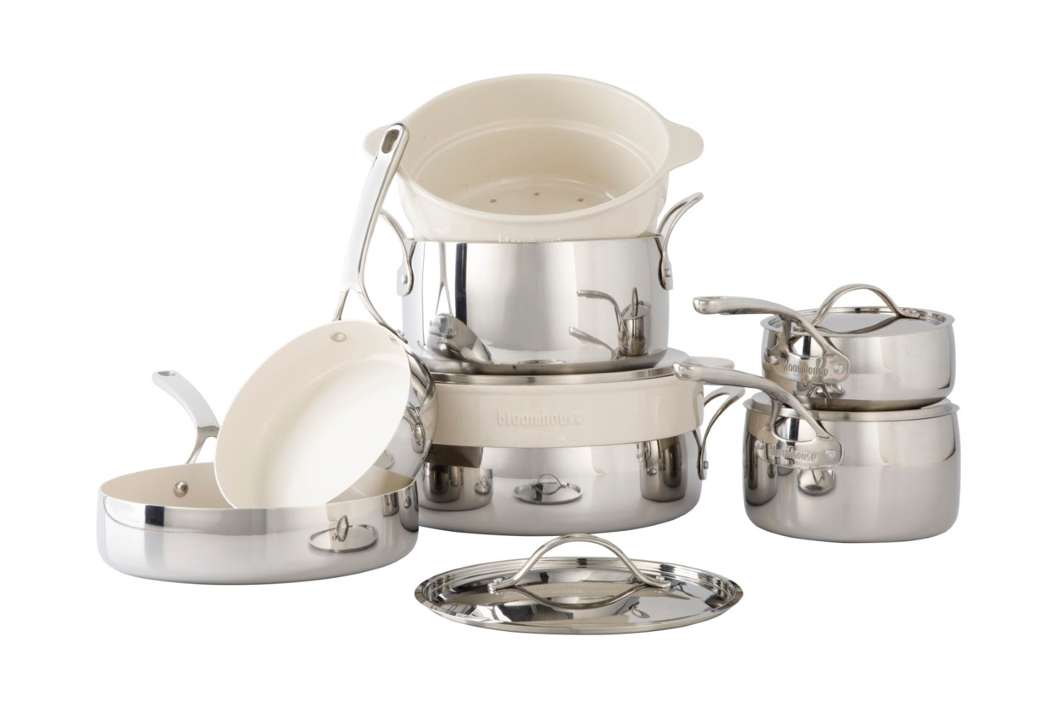 Bloomhouse 12 Piece Triply Stainless Steel Cookware Set w/ Non-Stick Non-Toxic Ceramic Interior and Ceramic Steamer Inserts