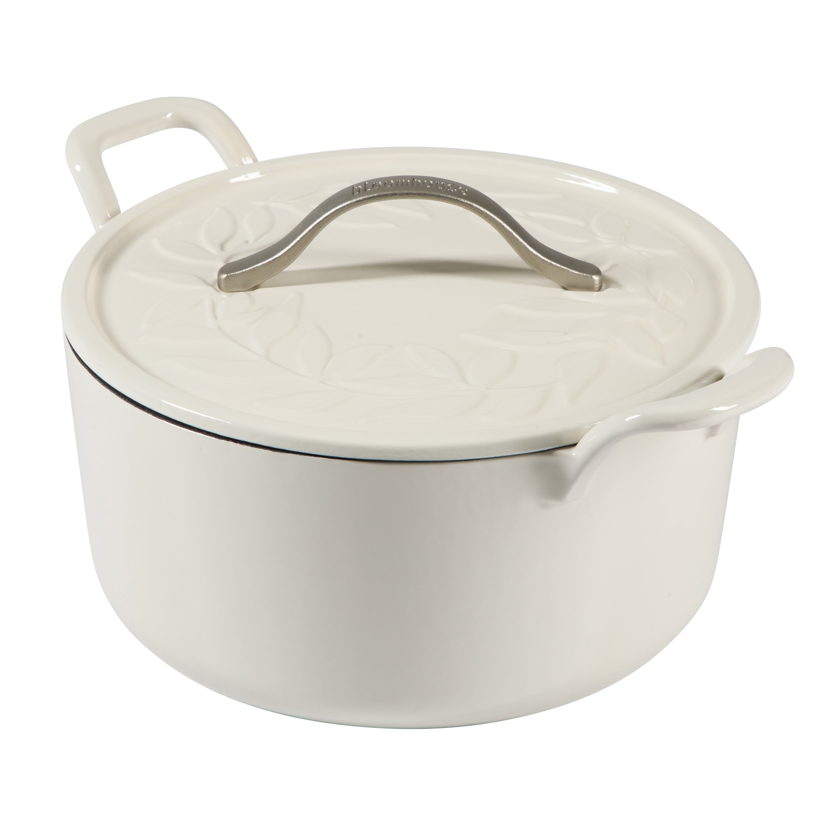 Bloomhouse 7 Qt Cast Iron Dutch Oven W/ Embossed Lid, European Enamel, & Walnut Wood Trivet