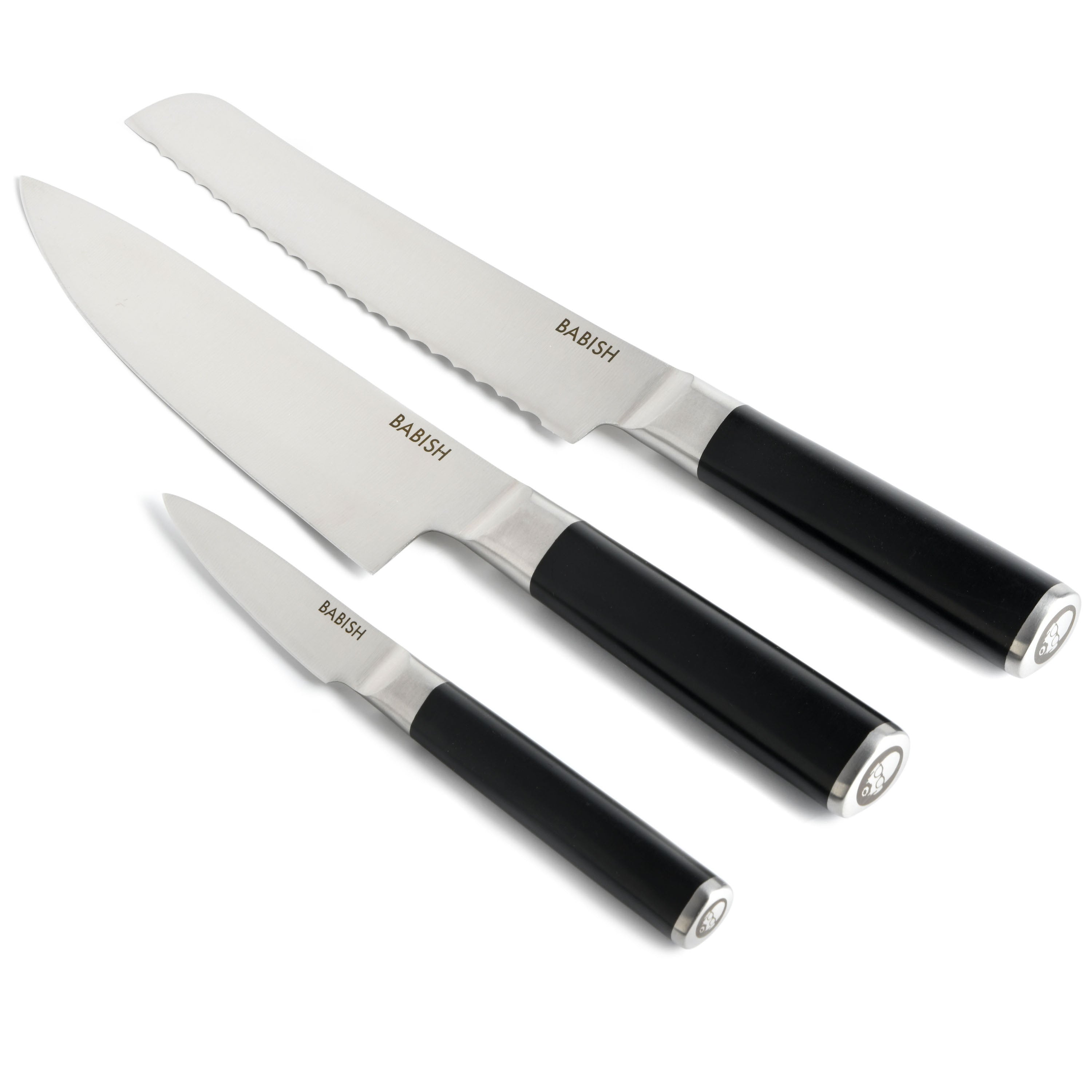 Babish High-Carbon 1.4116 German Steel 3-Piece Cutlery Set (Chef Knife, Bread Knife, & Pairing Knife) w/Knife Roll