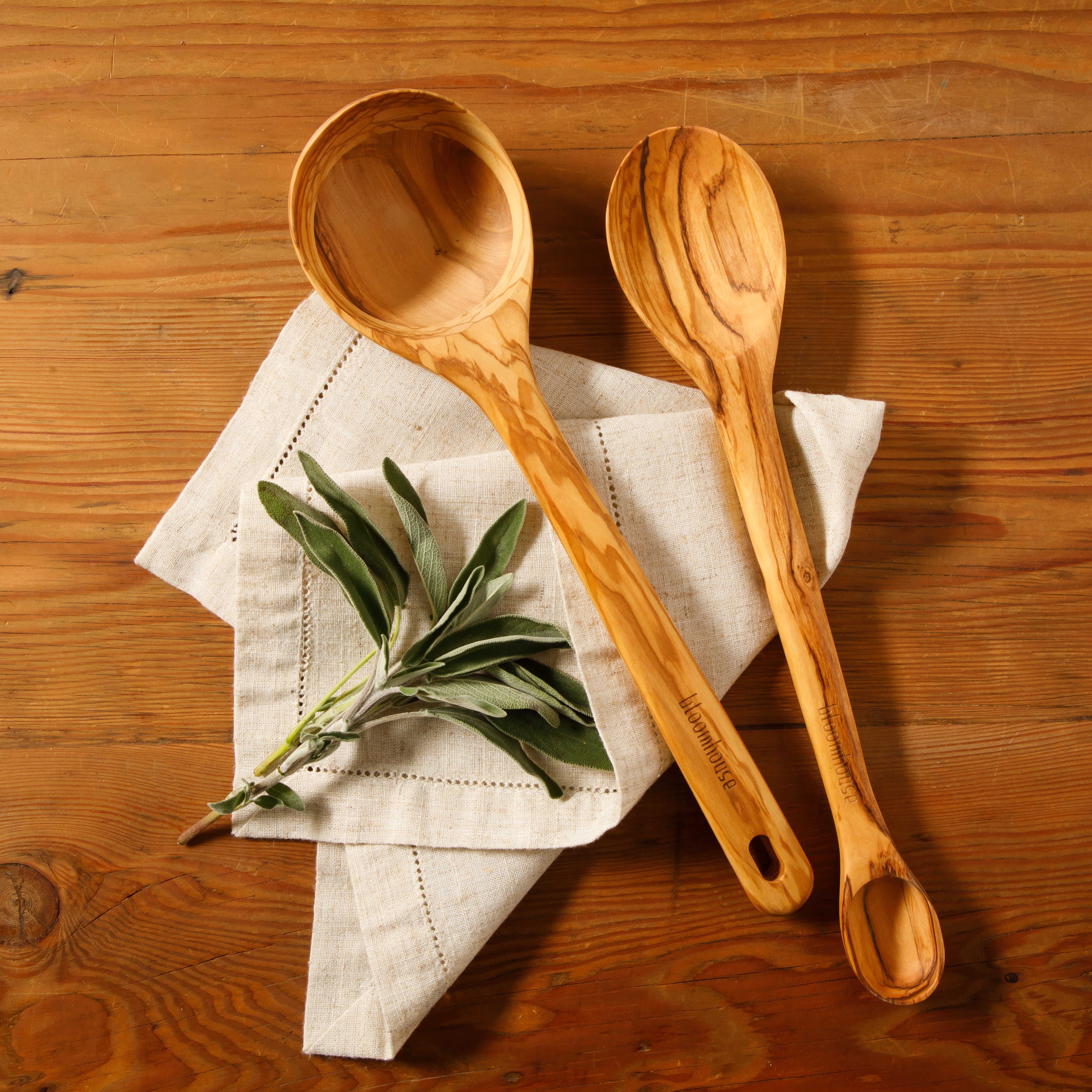 Bloomhouse Italian Olive Wood 2-Piece Extra-Large 14 Inch Ladle and Tasting Spoon Set