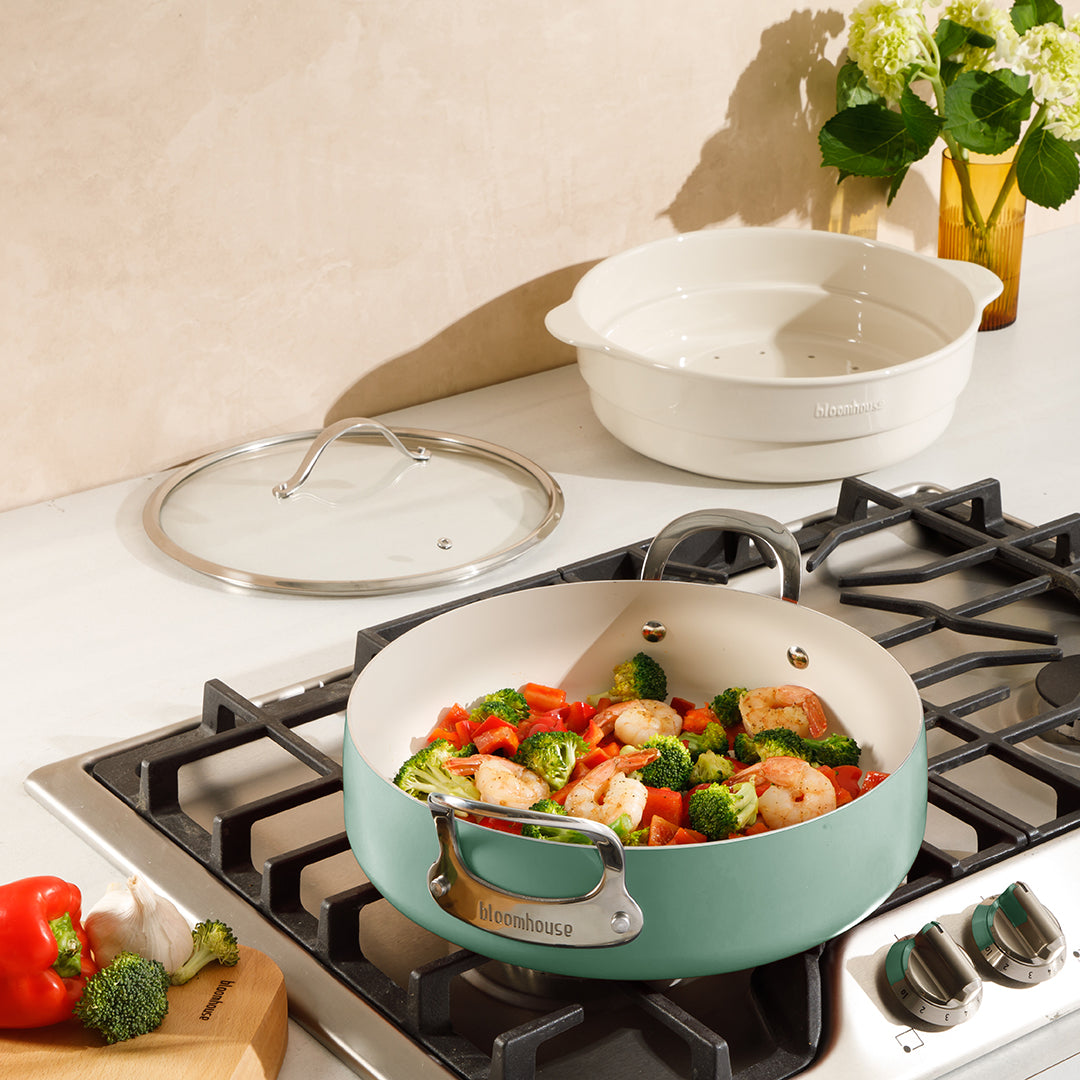 Bloomhouse 6-QT Aluminum Enamel Everyday Pan w/Non-Stick Non-Toxic Ceramic Interior and Ceramic Steamer Insert