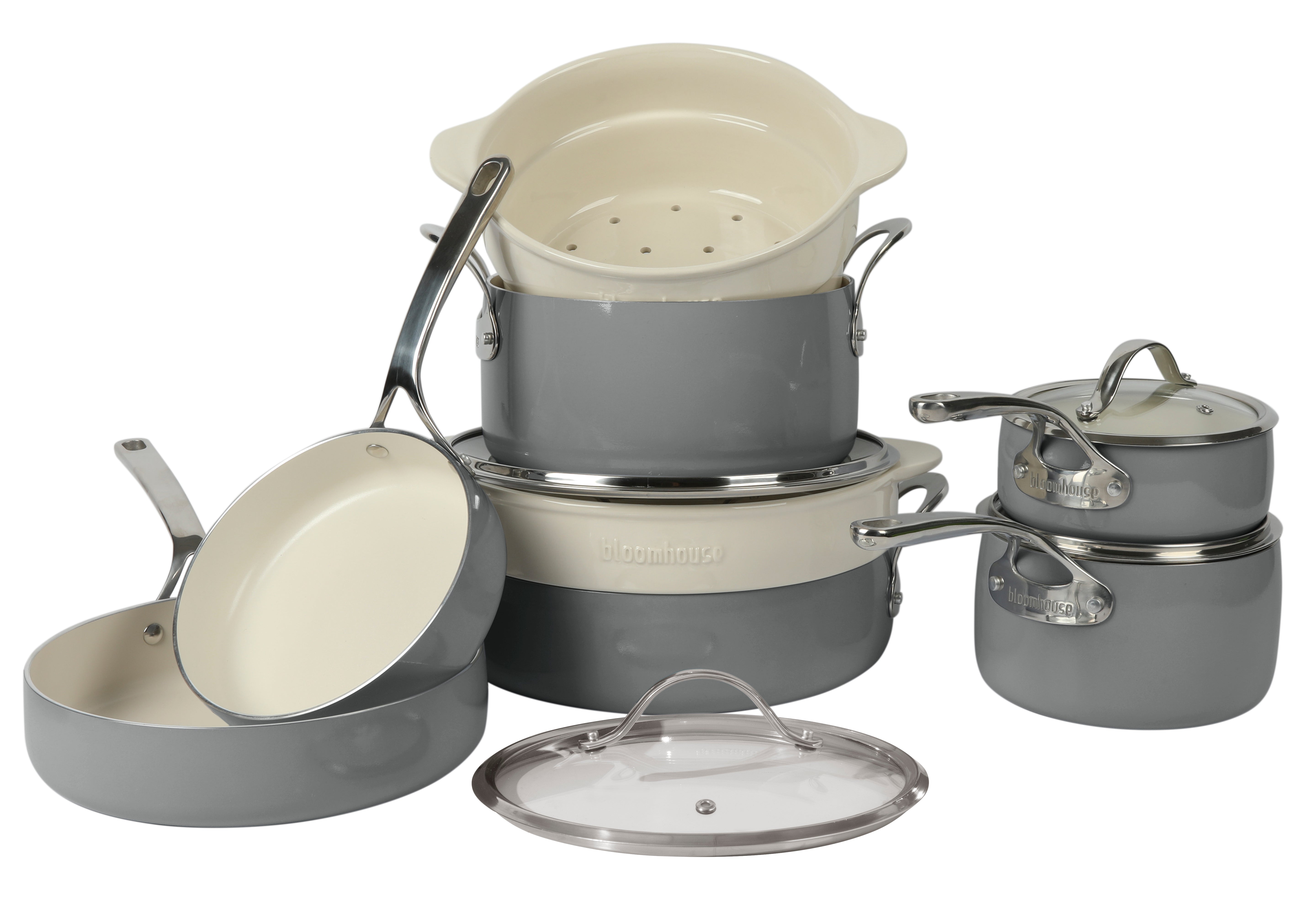 Bloomhouse 12 Piece Aluminum Enamel Cookware Set w/ Non-stick Non-toxic Ceramic Interior and Ceramic Steamer Insert - Stone Grey