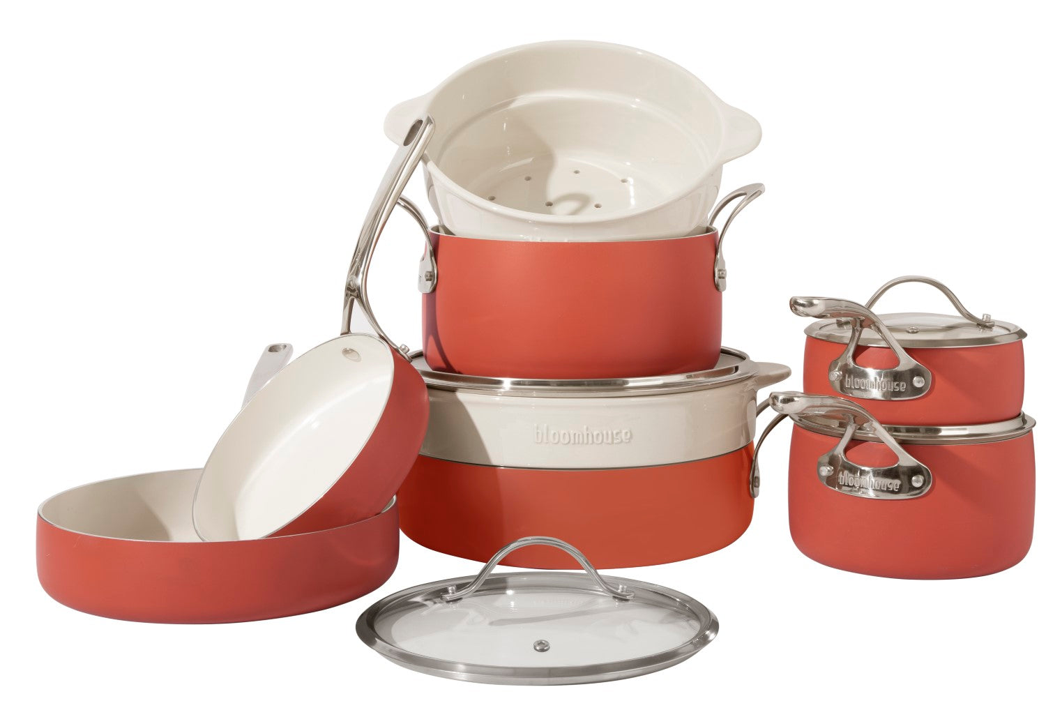 Bloomhouse 12 Piece Aluminum Enamel Cookware Set w/ Non-stick Non-toxic Ceramic Interior and Ceramic Steamer Insert