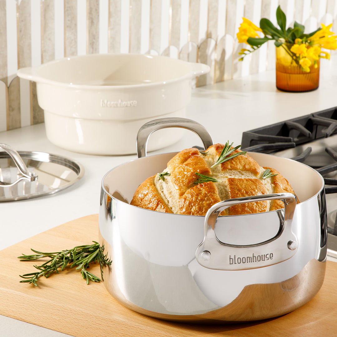 Bloomhouse 6-Quart Triply Stainless Steel Dutch Oven w/ Non-Stick Non-Toxic Ceramic Interior and Ceramic Steamer Insert