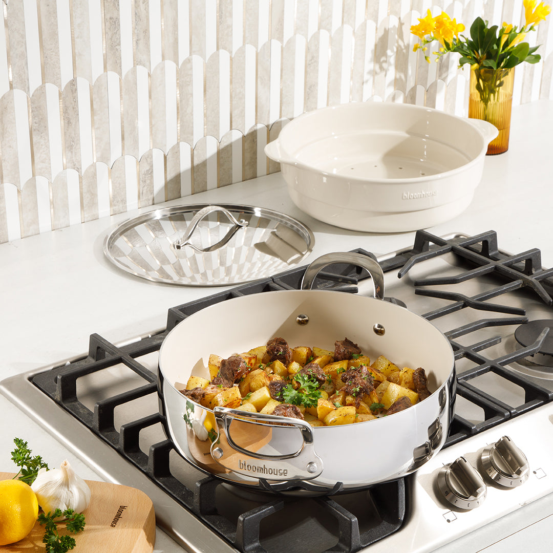 Bloomhouse 6-Quart Triply Stainless Steel Everyday Pan w/ Non-Stick Non-Toxic Ceramic Interior and Ceramic Steamer Insert