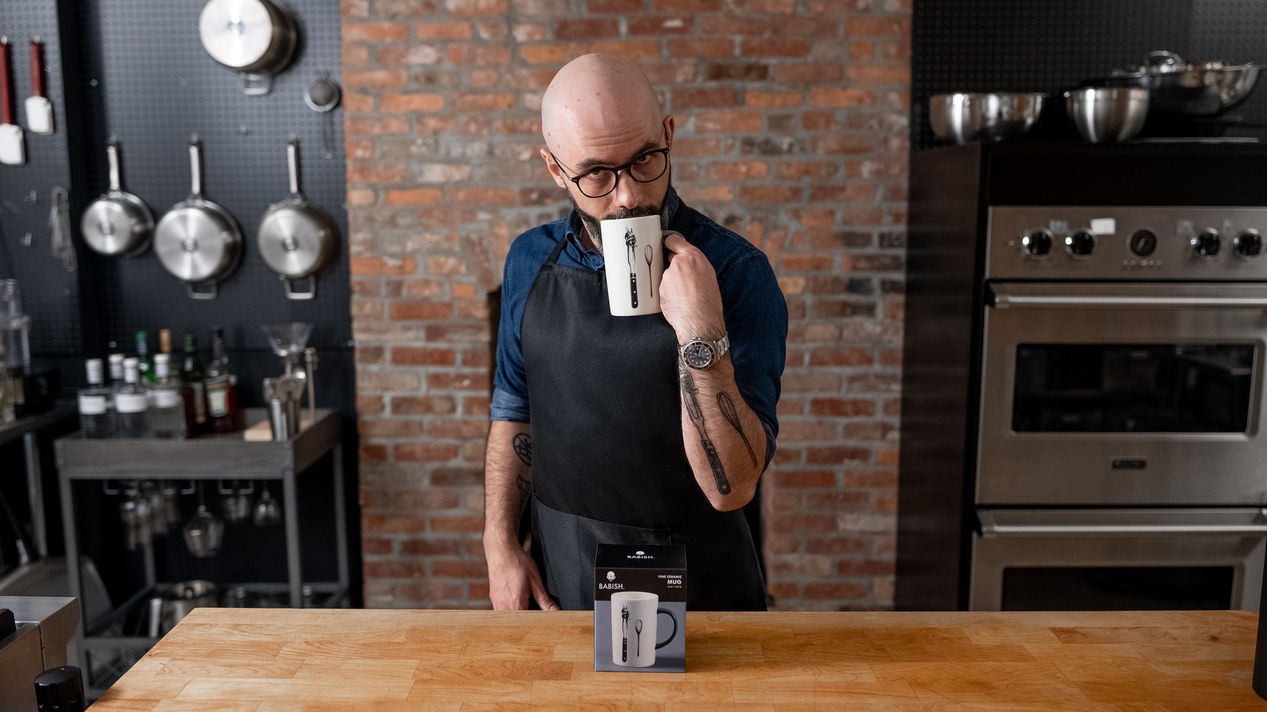 Babish Carving Fork and Whisk Latte Tattoo Mug, 15oz