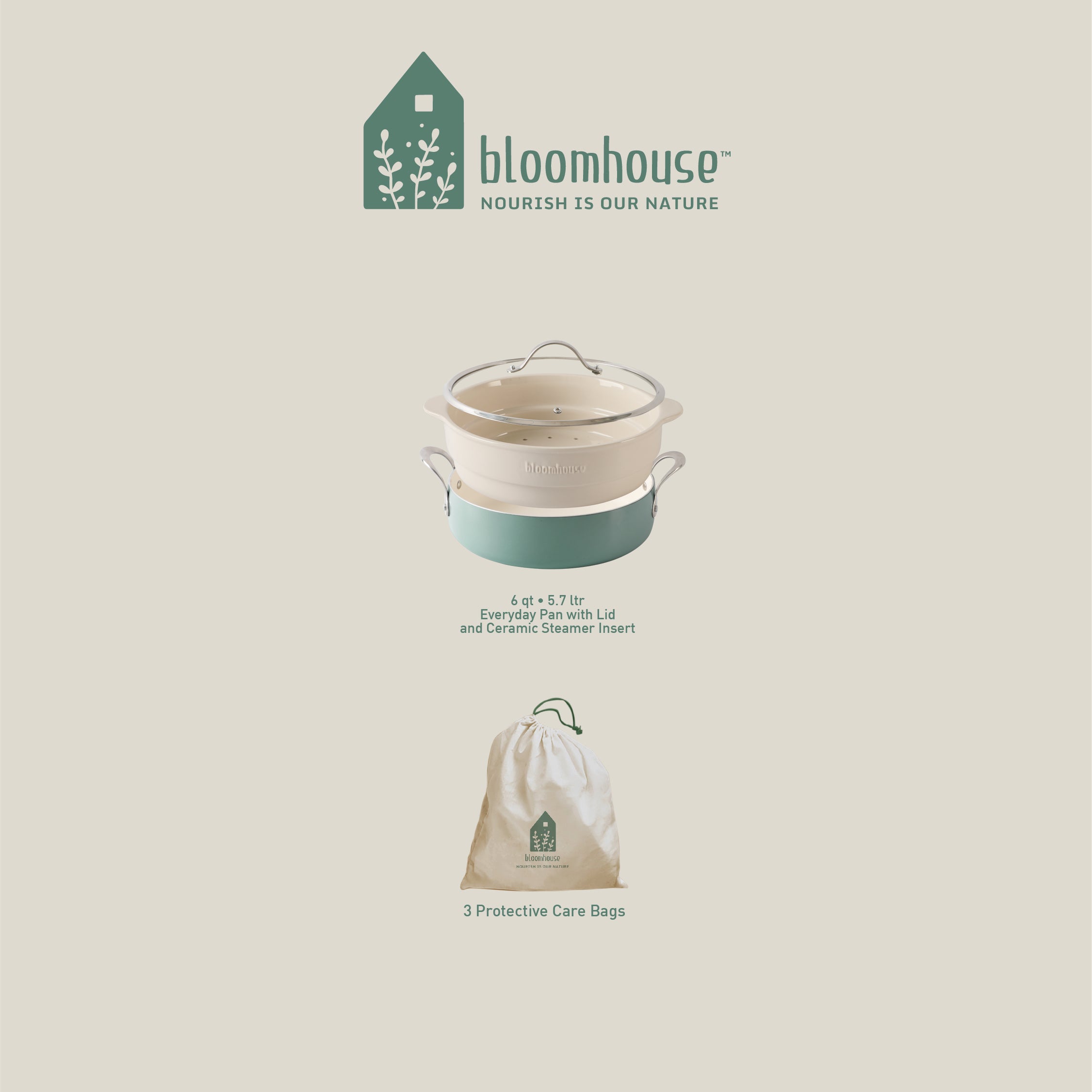 Bloomhouse 6-QT Aluminum Enamel Everyday Pan w/Non-Stick Non-Toxic Ceramic Interior and Ceramic Steamer Insert