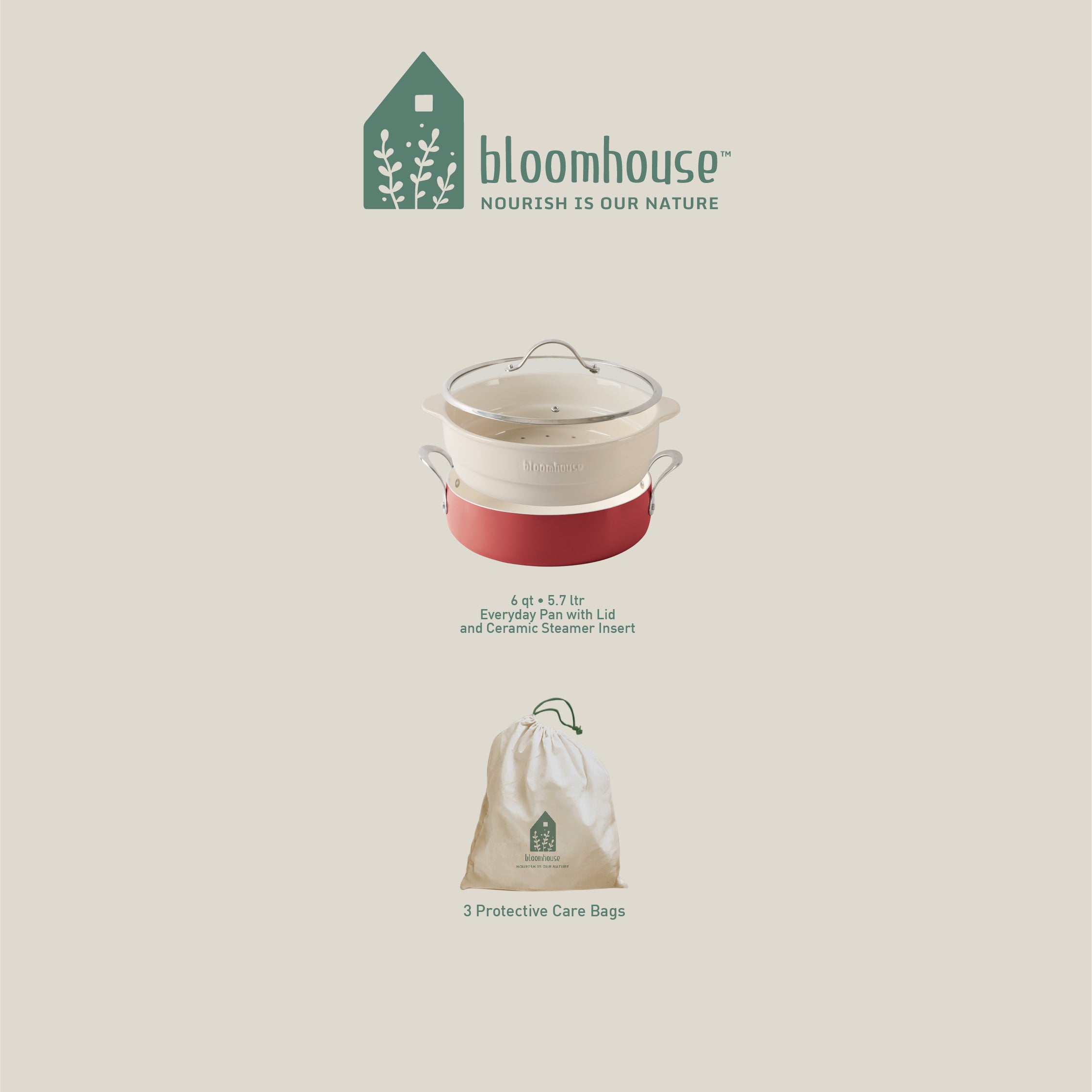 Bloomhouse 6-QT Aluminum Enamel Everyday Pan w/Non-Stick Non-Toxic Ceramic Interior and Ceramic Steamer Insert