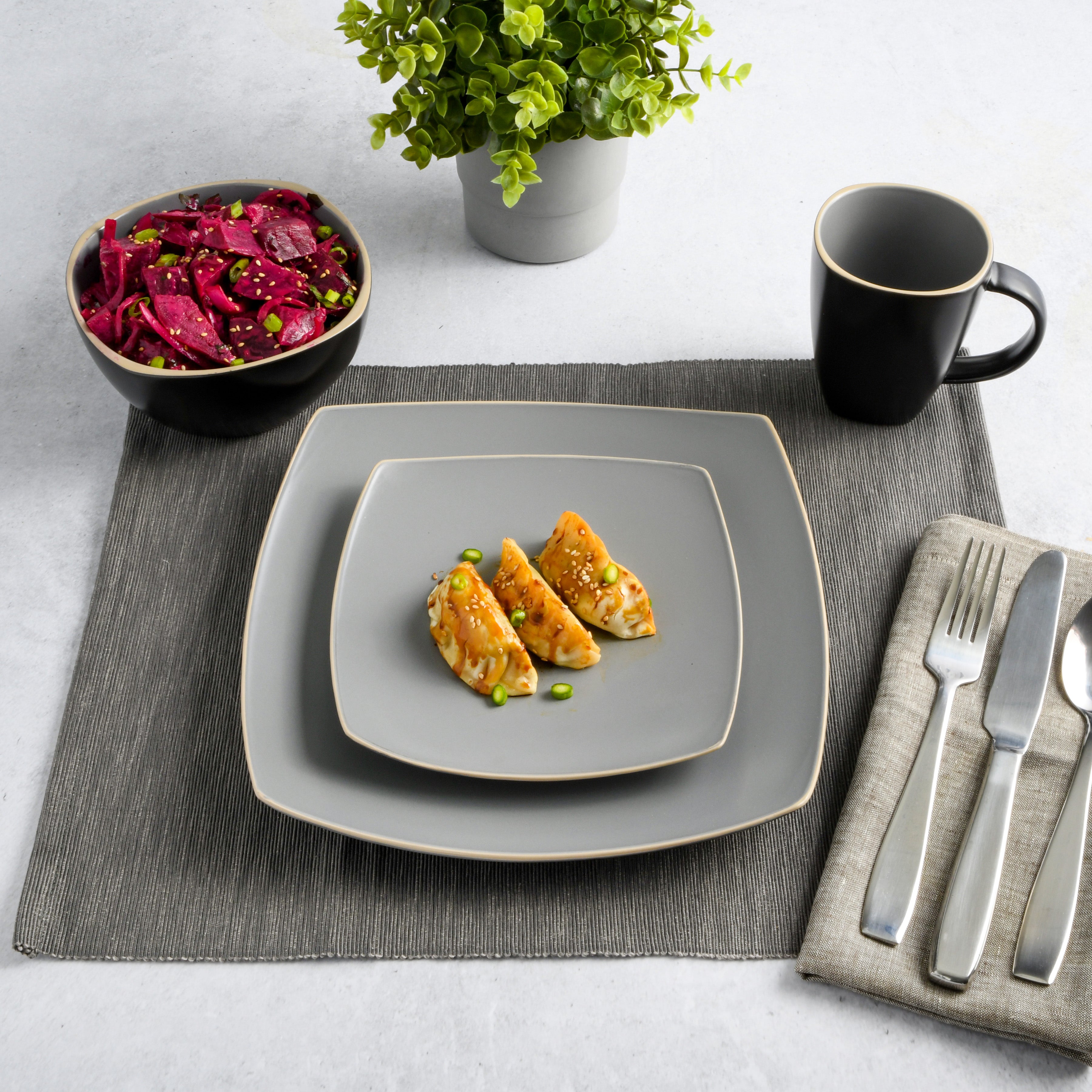 Gibson Soho Lounge Square 16-Piece Matte Stoneware Dinnerware Set