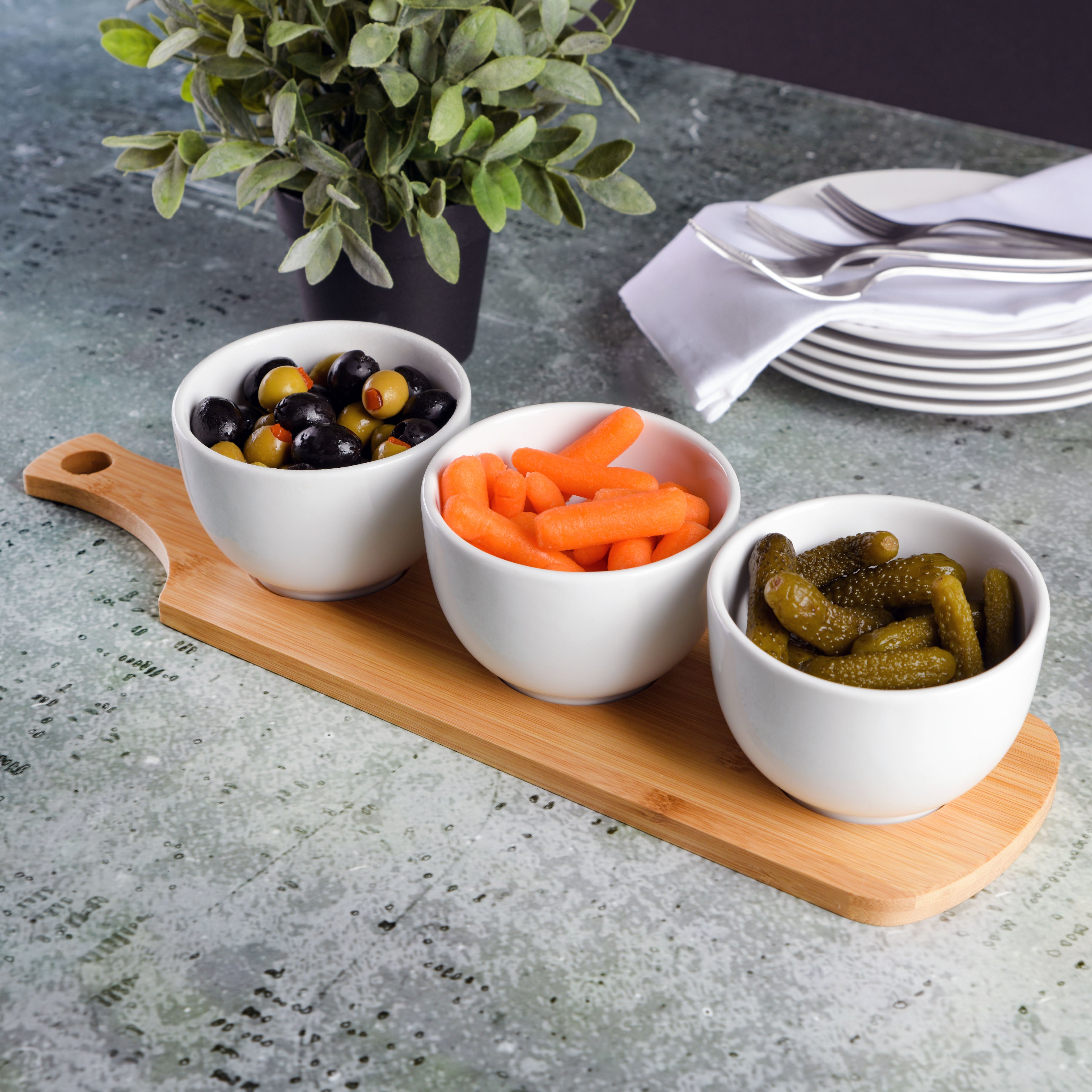Gibson Home Gracious Dining 3-Piece Tidbit Bowl Set with Bamboo Tray