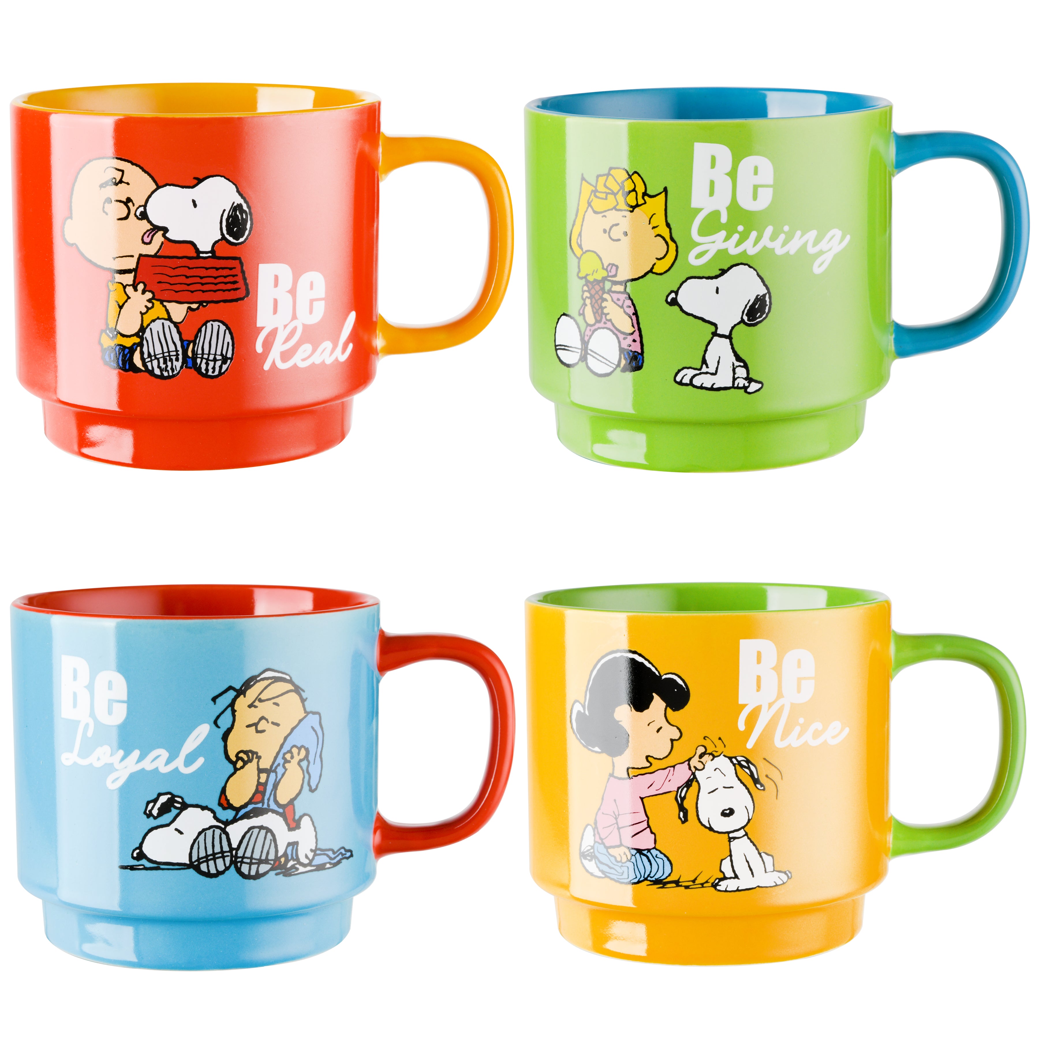 4 pk coffee mugs Peanuts Gentle Reminders 4-Pack 15oz Stoneware Stackable Mugs w/ Metal Rack