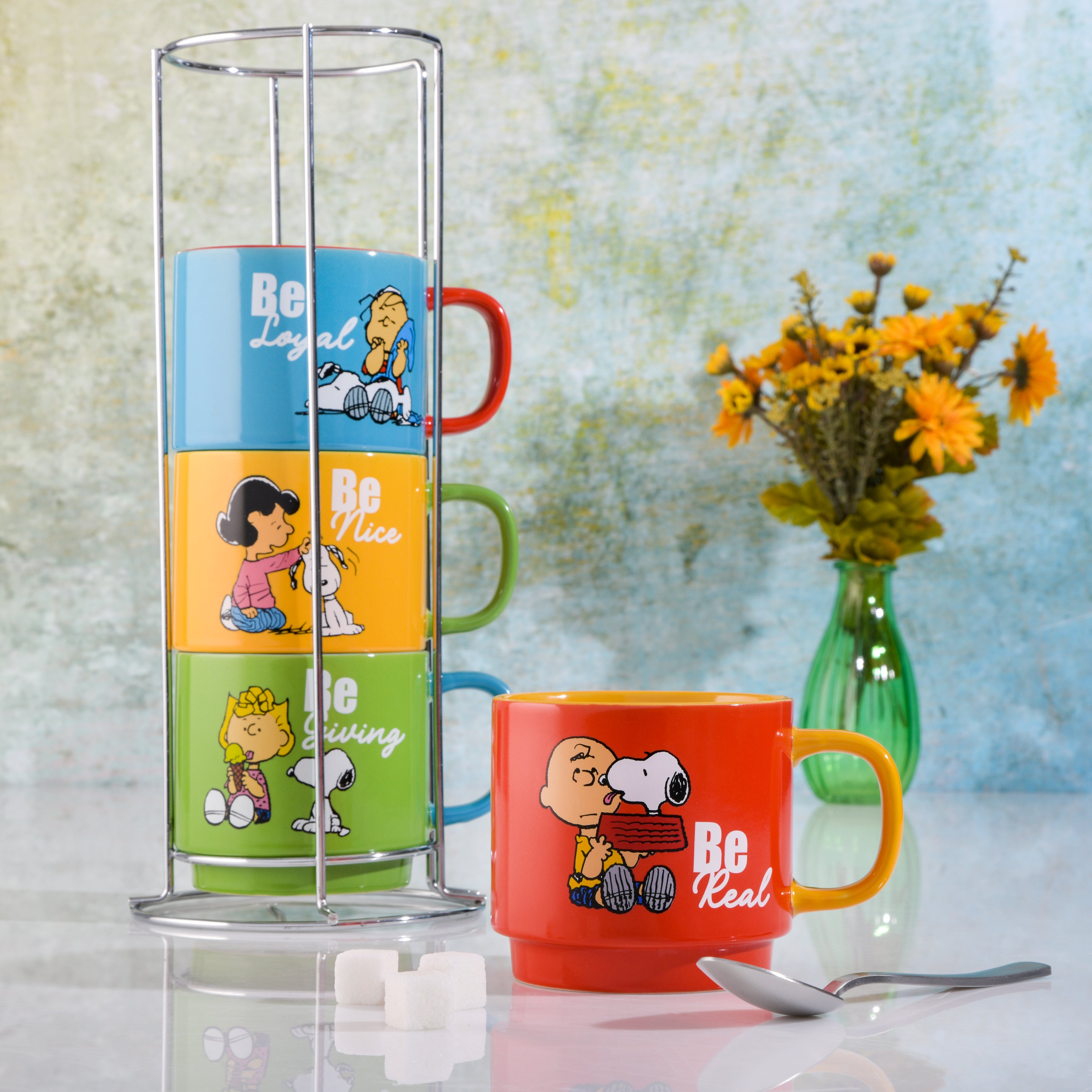 Peanuts Gentle Reminders 4-Pack 15oz Stoneware Stackable Mugs w/ Metal Rack