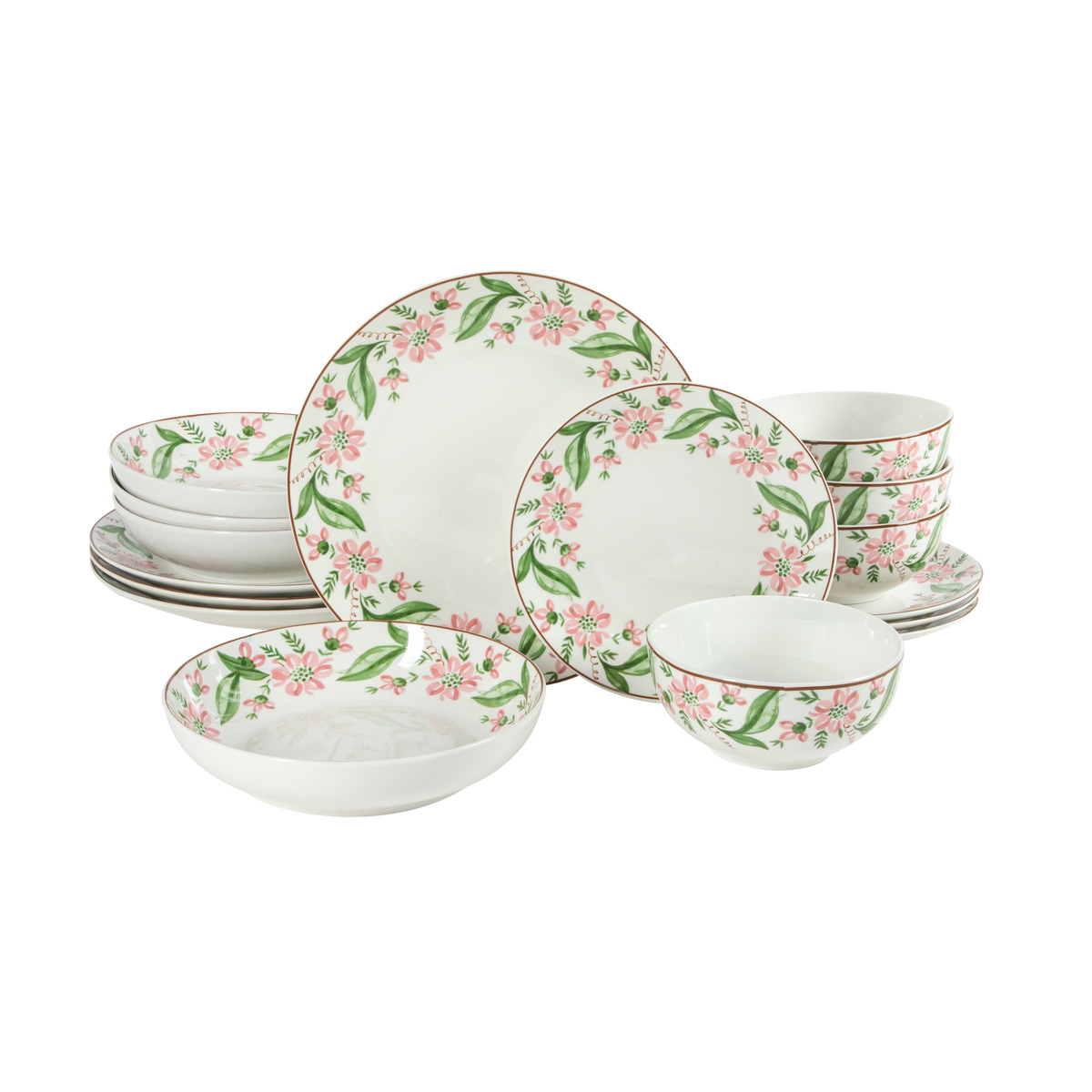 Martha Stewart 16-piece porcelain dinnerware set in white with a pink floral and green leaf border pattern and a thin brown rim, including dinner plates, salad plates, and bowls.