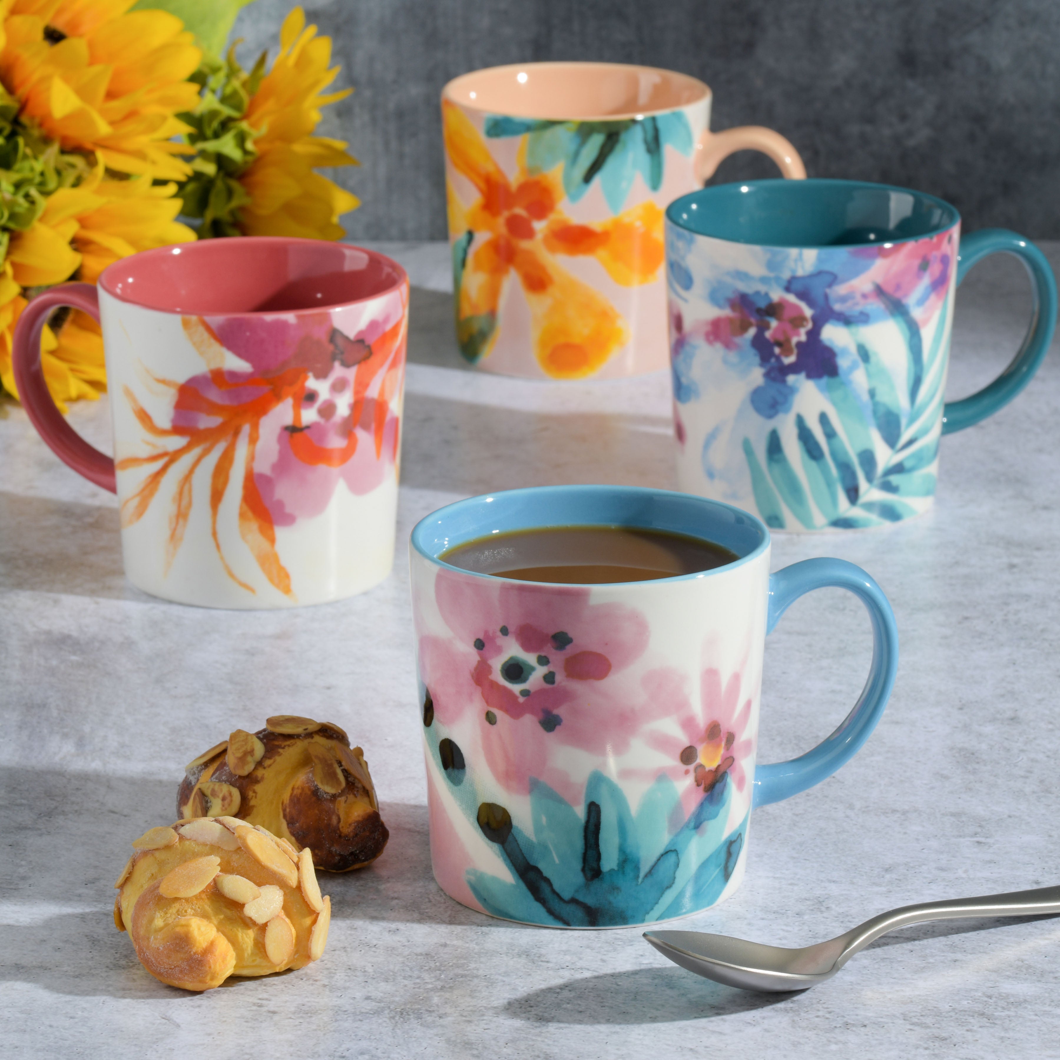 Spice by Tia Mowry Floral Garden 4-Piece 17oz Decorated Porcelain Mug Set