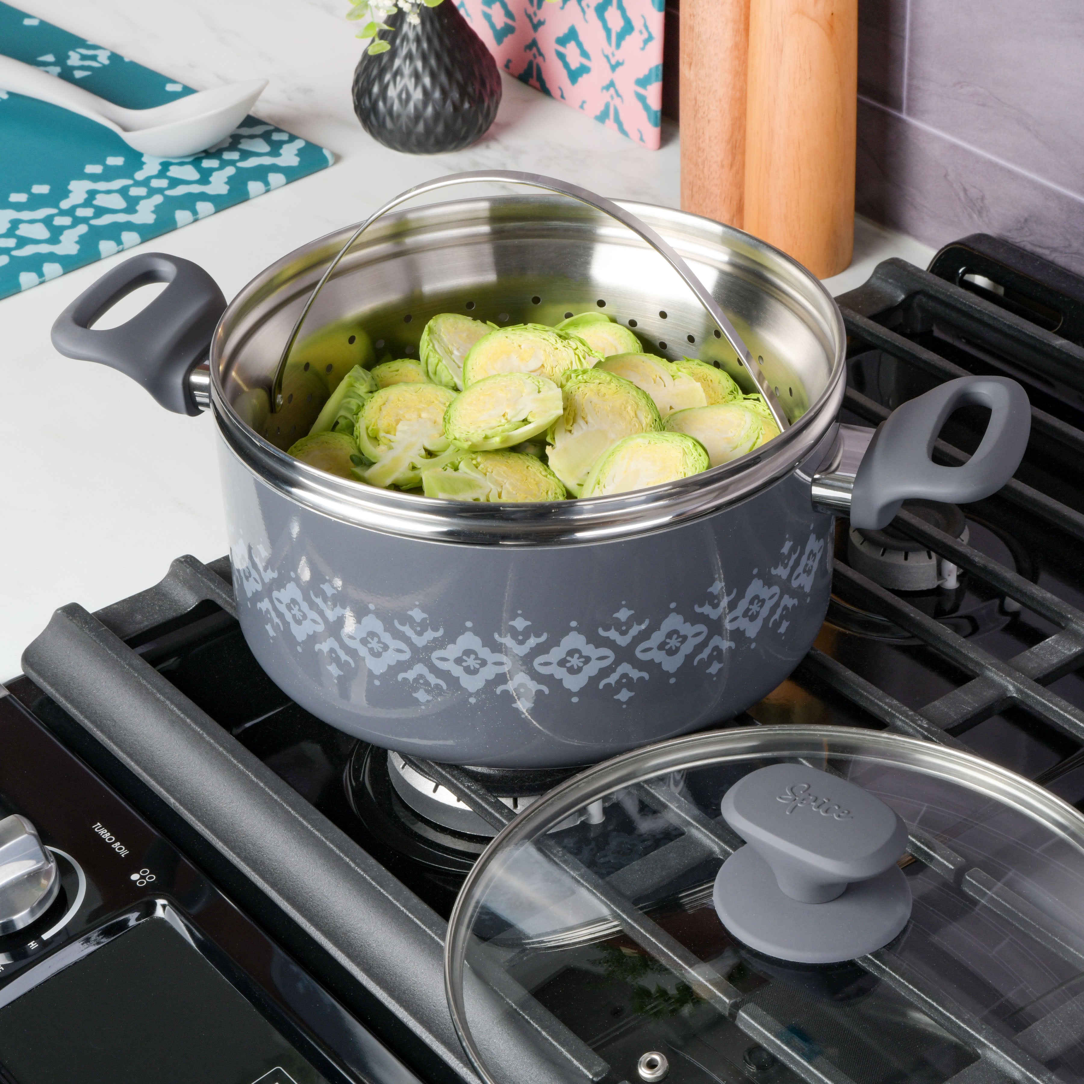 Spice by Tia Mowry Savory Saffron 5-Quart Dutch Oven w/ Steamer Insert and Healthy Non-Stick Interior